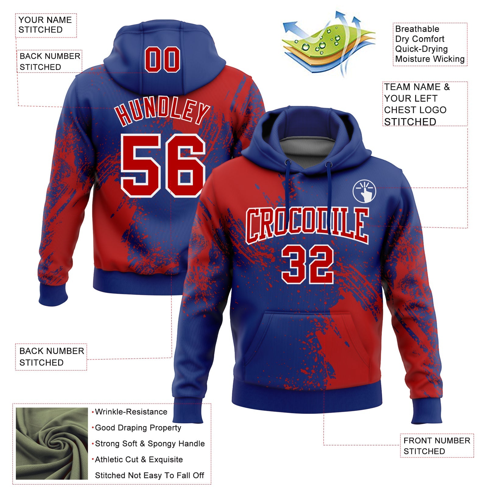 Custom Stitched Royal Red-White 3D Pattern Design Abstract Brush Stroke Sports Pullover Sweatshirt Hoodie view 2