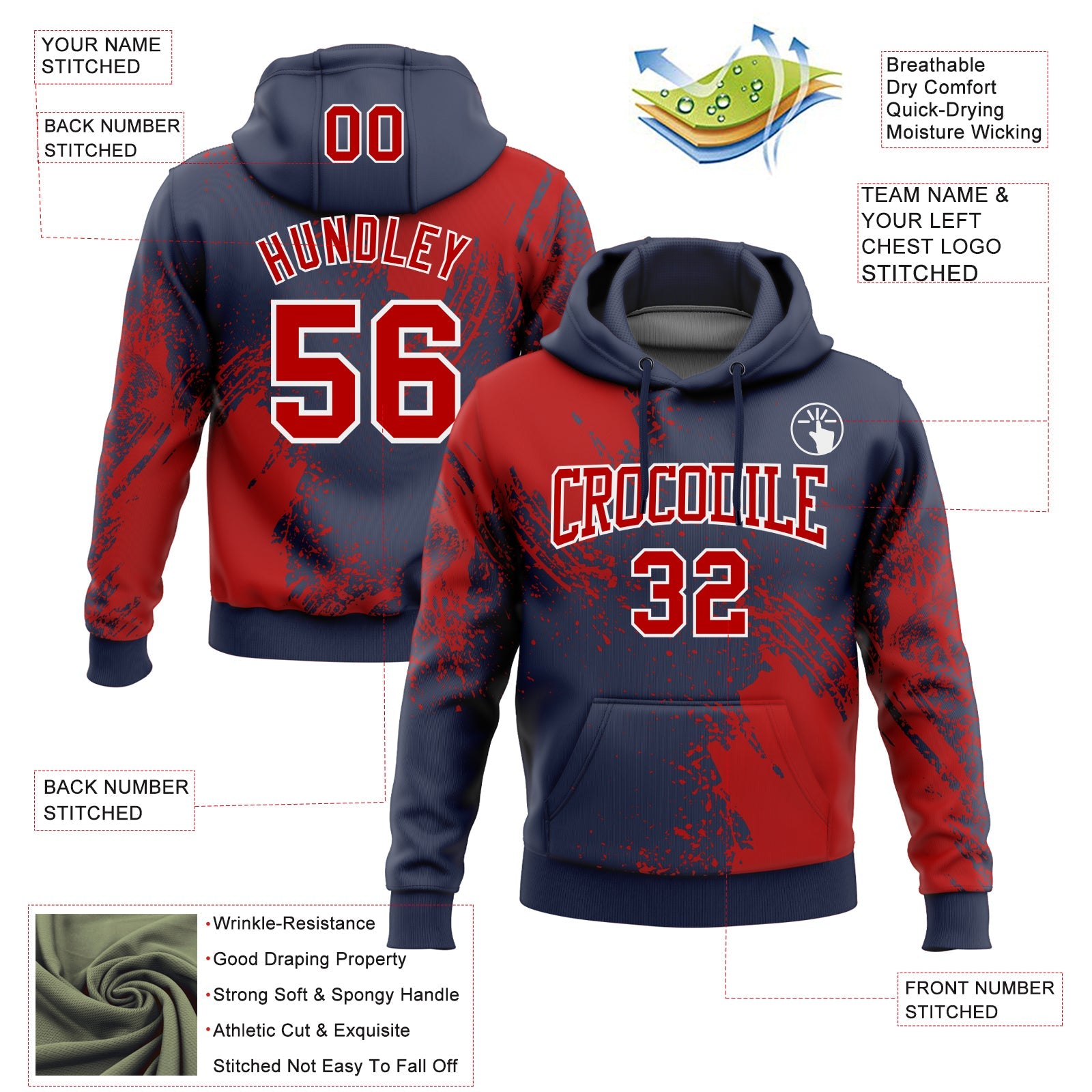 Custom Stitched Navy Red-White 3D Pattern Design Abstract Brush Stroke Sports Pullover Sweatshirt Hoodie view 2
