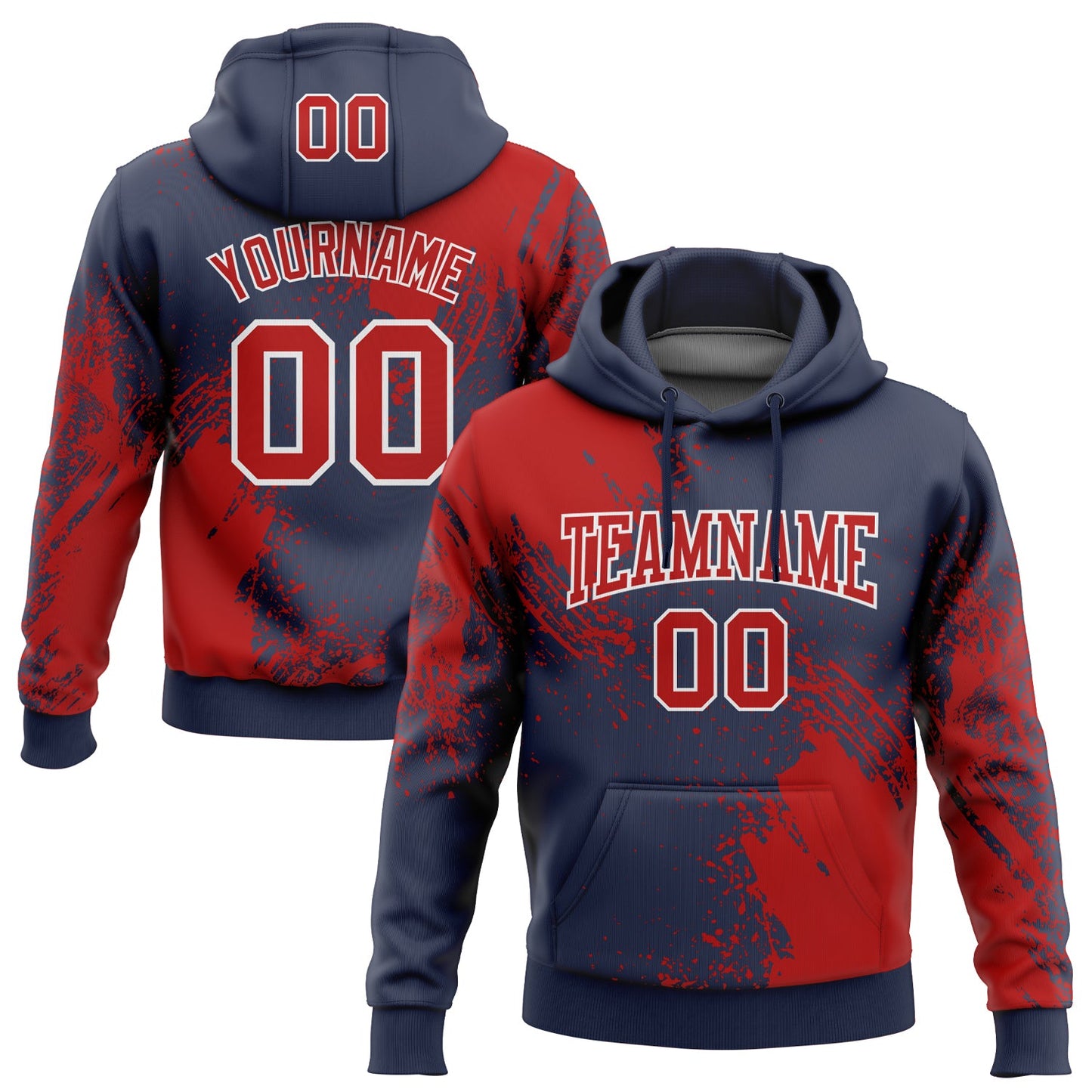 Custom Stitched Navy Red-White 3D Pattern Design Abstract Brush Stroke Sports Pullover Sweatshirt Hoodie - Main View