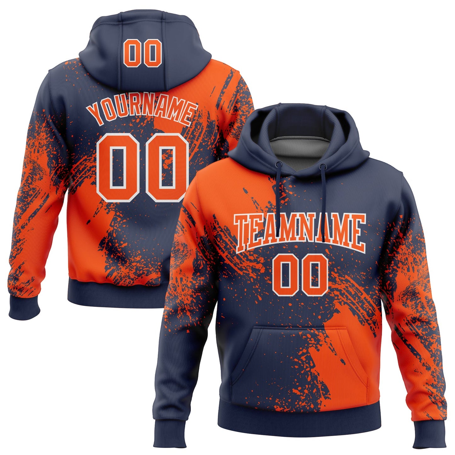 Custom Stitched Navy Orange-White 3D Pattern Design Abstract Brush Stroke Sports Pullover Sweatshirt Hoodie - Main View