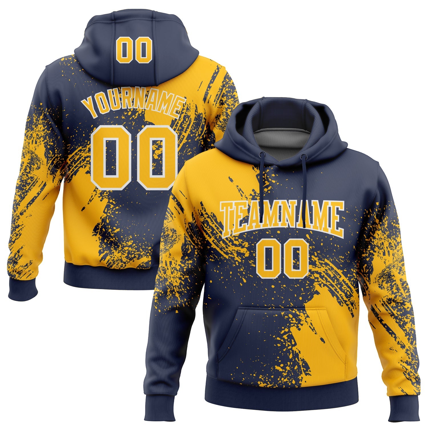 Custom Stitched Navy Gold-White 3D Pattern Design Abstract Brush Stroke Sports Pullover Sweatshirt Hoodie - Main View