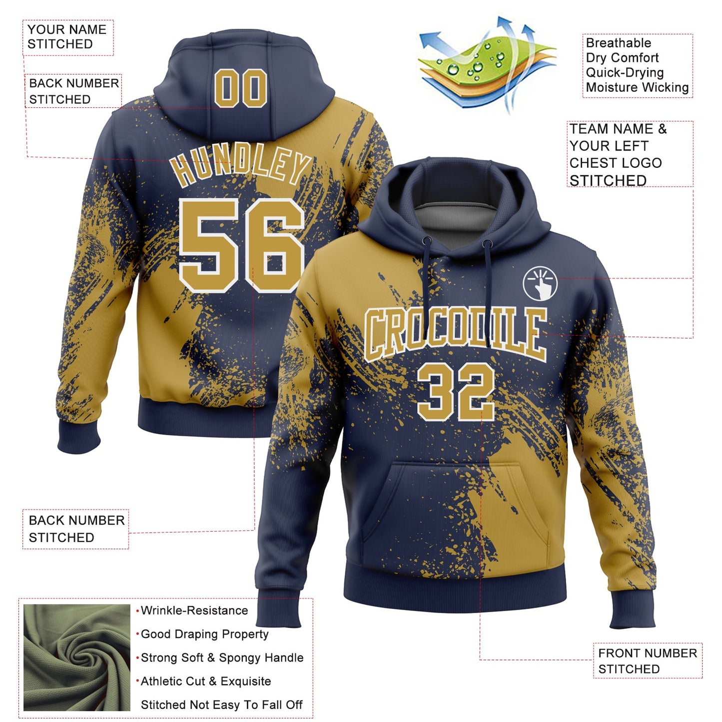 Custom Stitched Navy Old Gold-White 3D Pattern Design Abstract Brush Stroke Sports Pullover Sweatshirt Hoodie view 2