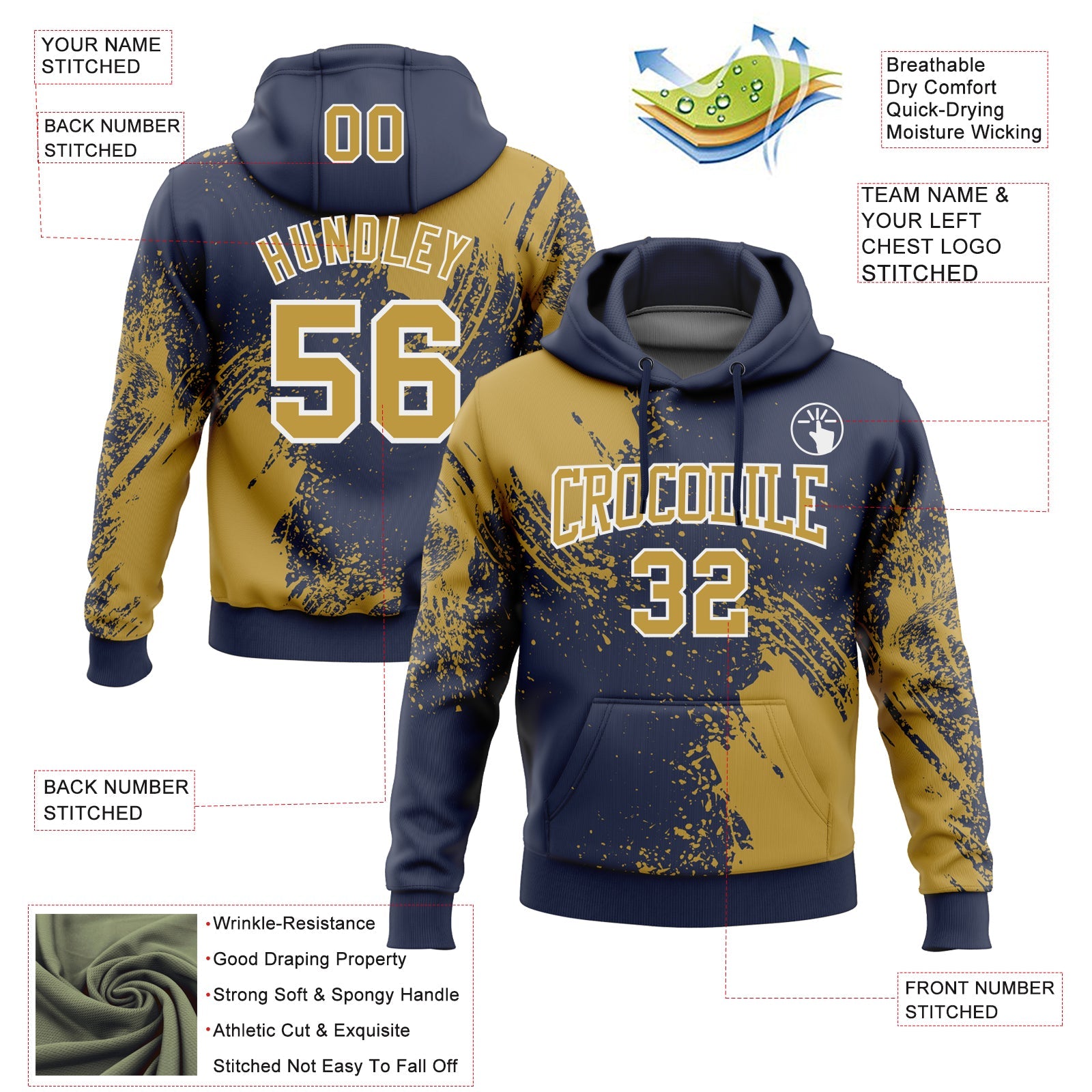 Custom Stitched Navy Old Gold-White 3D Pattern Design Abstract Brush Stroke Sports Pullover Sweatshirt Hoodie view 2