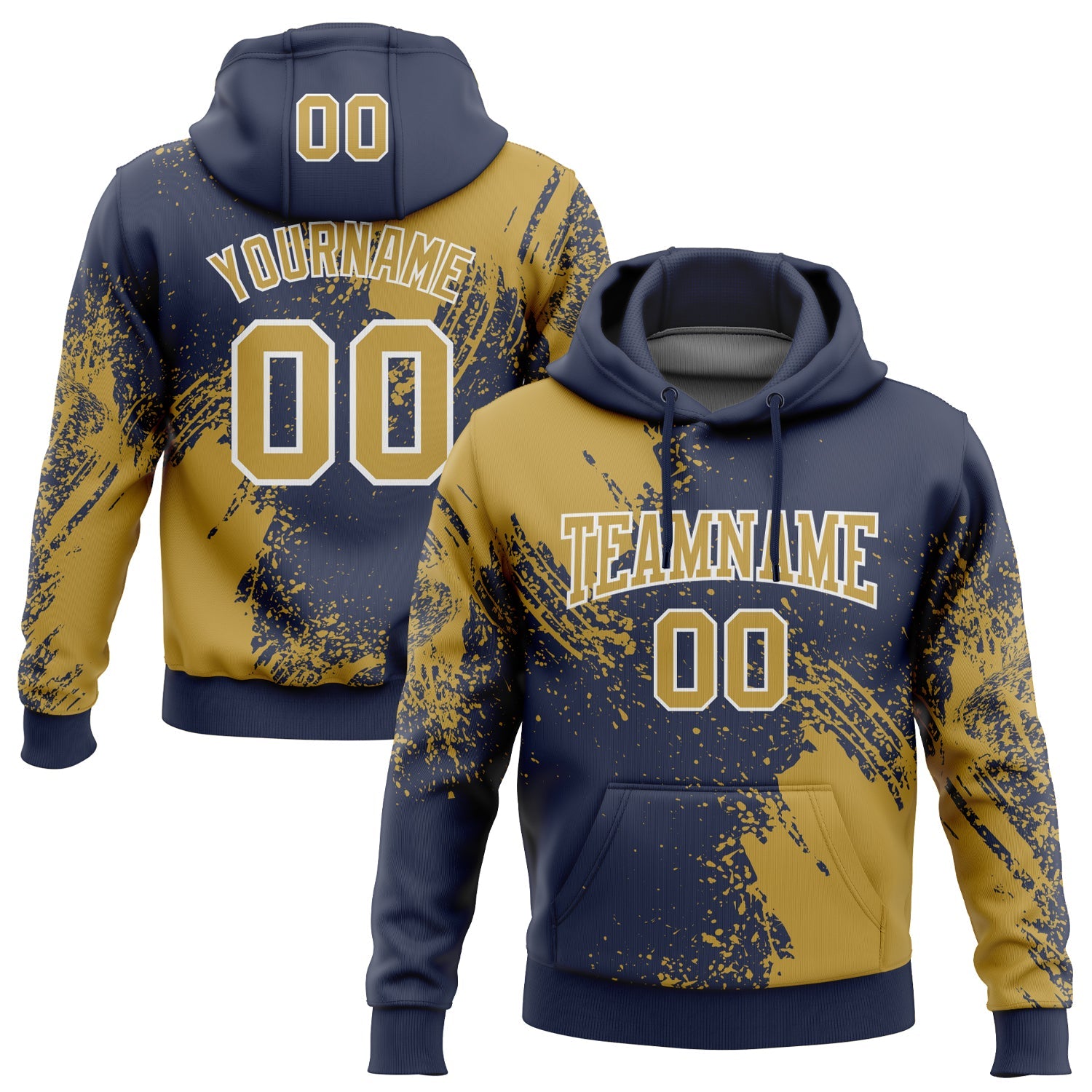 Custom Stitched Navy Old Gold-White 3D Pattern Design Abstract Brush Stroke Sports Pullover Sweatshirt Hoodie - Main View