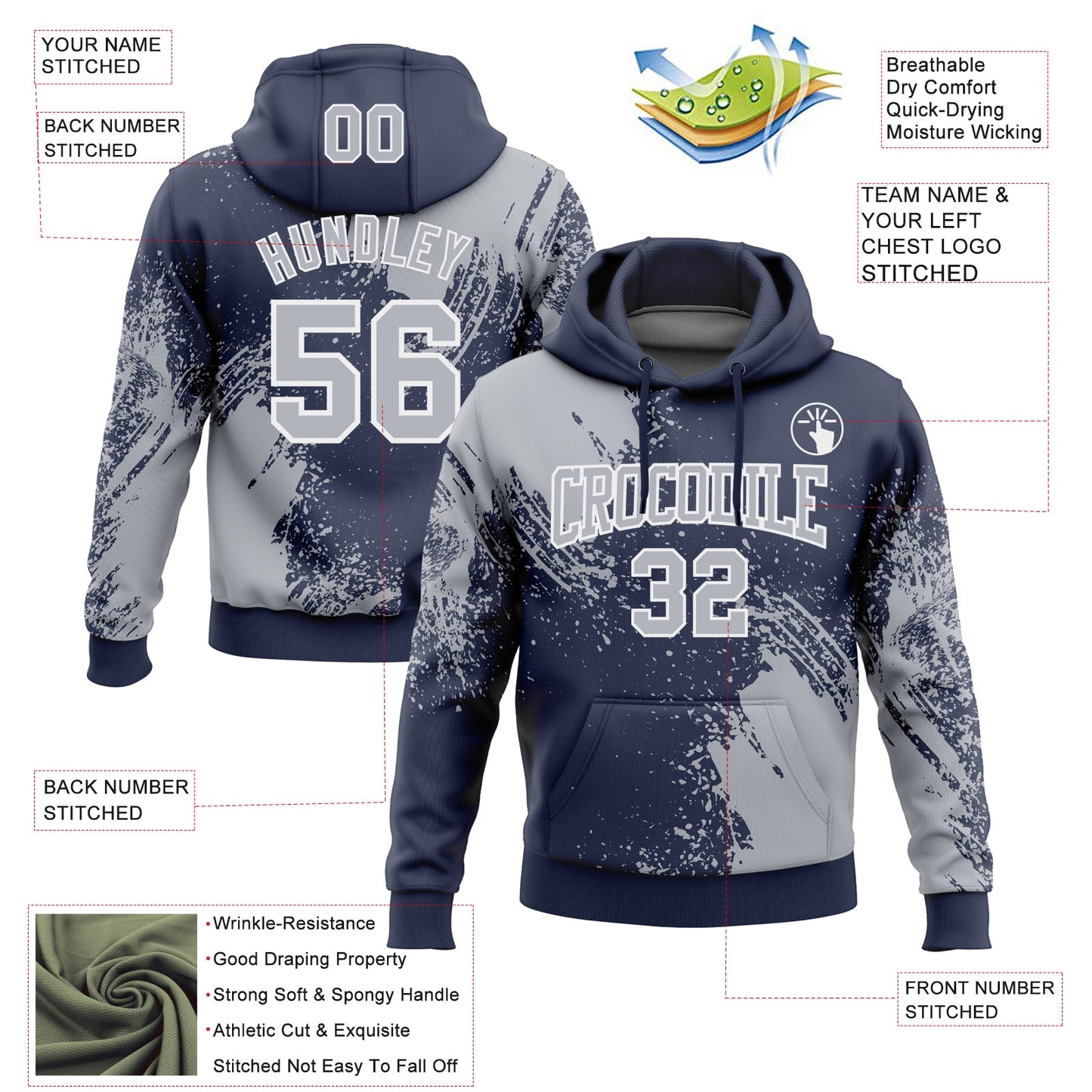 Custom Stitched Navy Gray-White 3D Pattern Design Abstract Brush Stroke Sports Pullover Sweatshirt Hoodie view 2