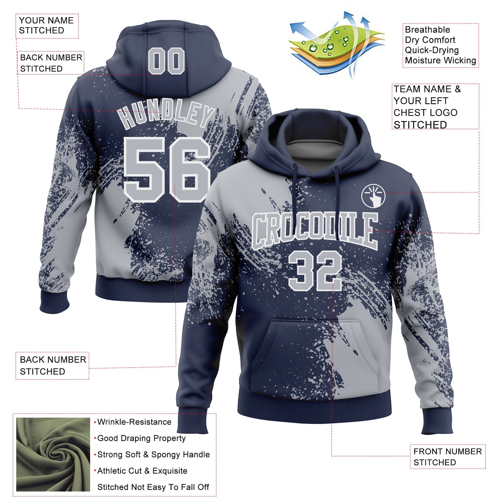 Custom Stitched Navy Gray-White 3D Pattern Design Abstract Brush Stroke Sports Pullover Sweatshirt Hoodie view 2
