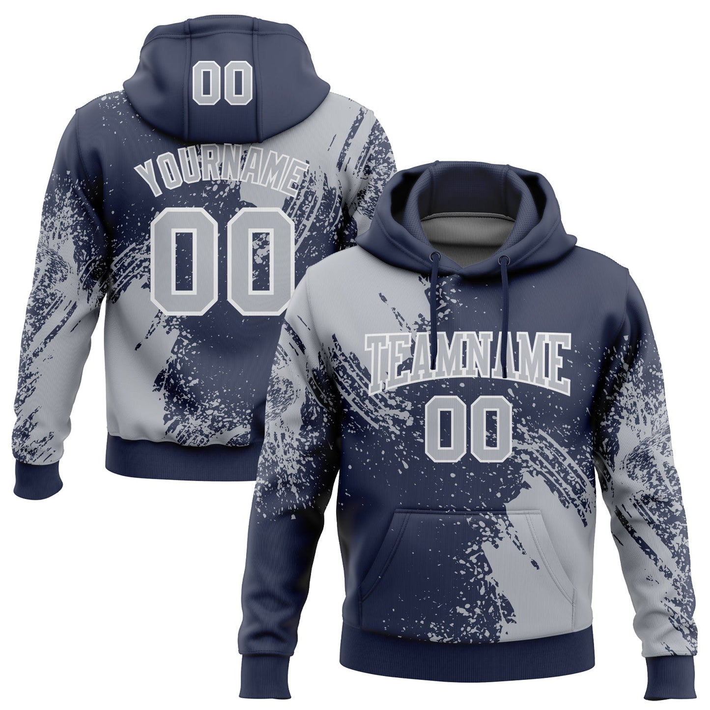 Custom Stitched Navy Gray-White 3D Pattern Design Abstract Brush Stroke Sports Pullover Sweatshirt Hoodie - Main View