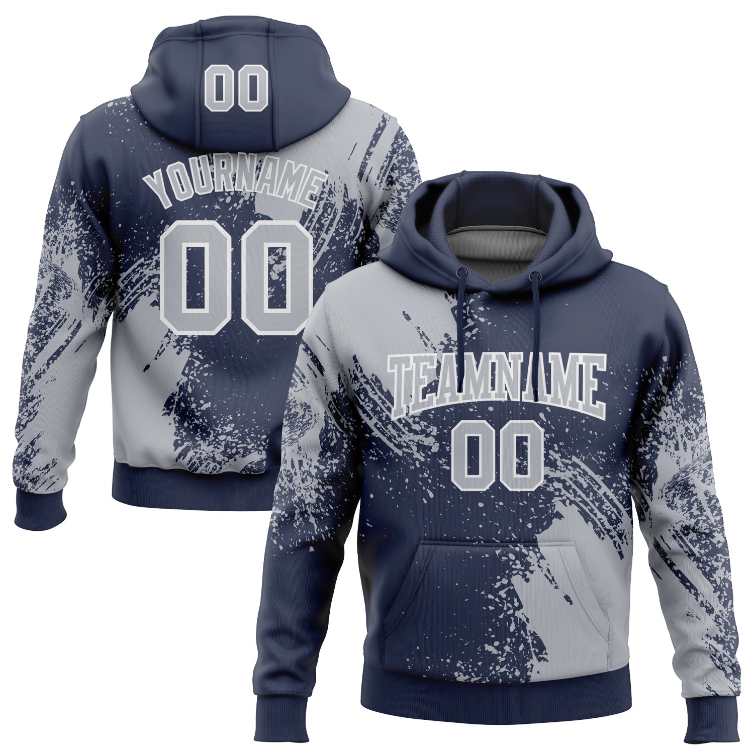 Custom Stitched Navy Gray-White 3D Pattern Design Abstract Brush Stroke Sports Pullover Sweatshirt Hoodie - Main View