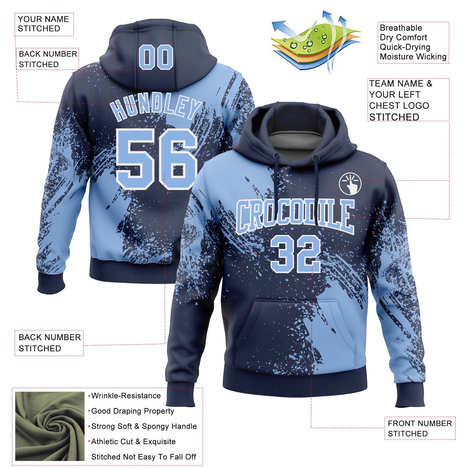 Custom Stitched Navy Light Blue-White 3D Pattern Design Abstract Brush Stroke Sports Pullover Sweatshirt Hoodie view 2
