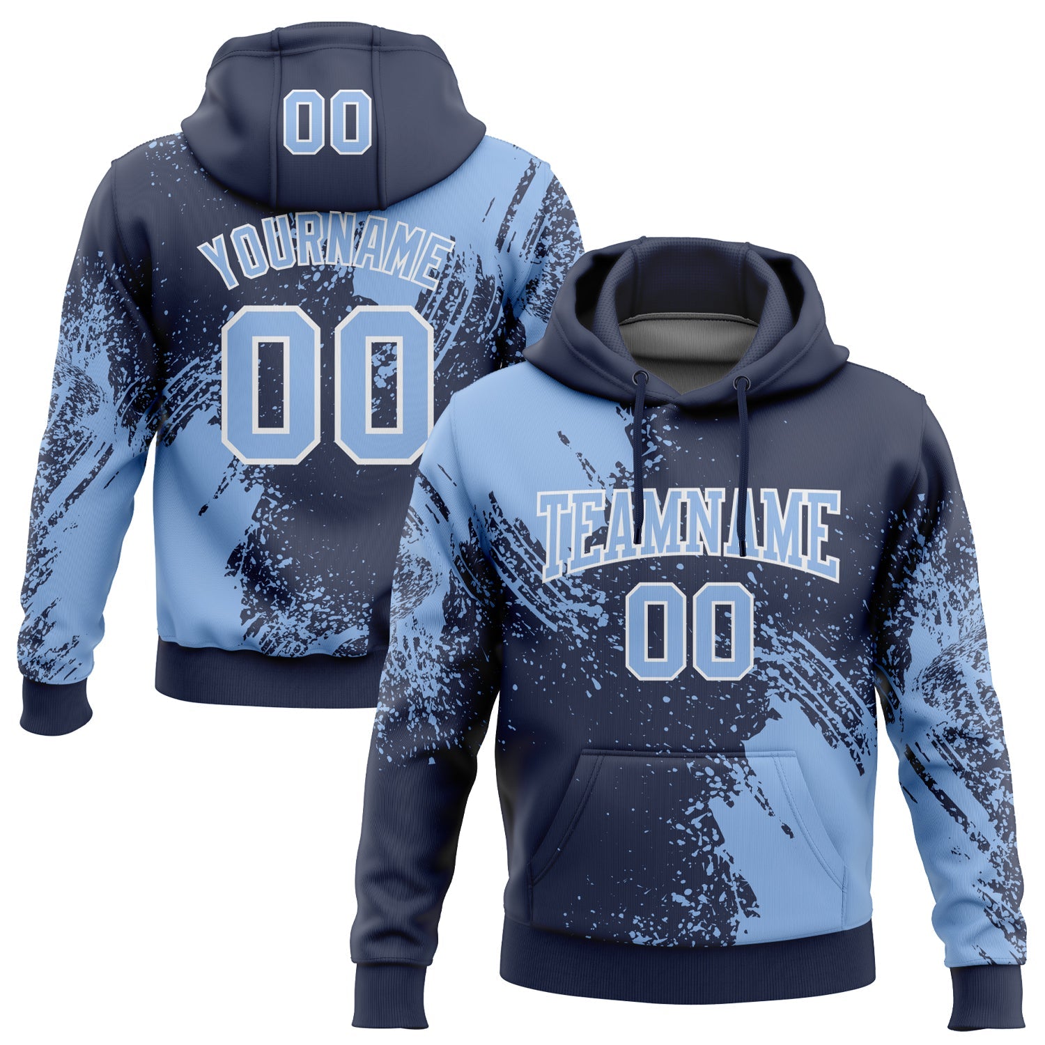 Custom Stitched Navy Light Blue-White 3D Pattern Design Abstract Brush Stroke Sports Pullover Sweatshirt Hoodie - Main View