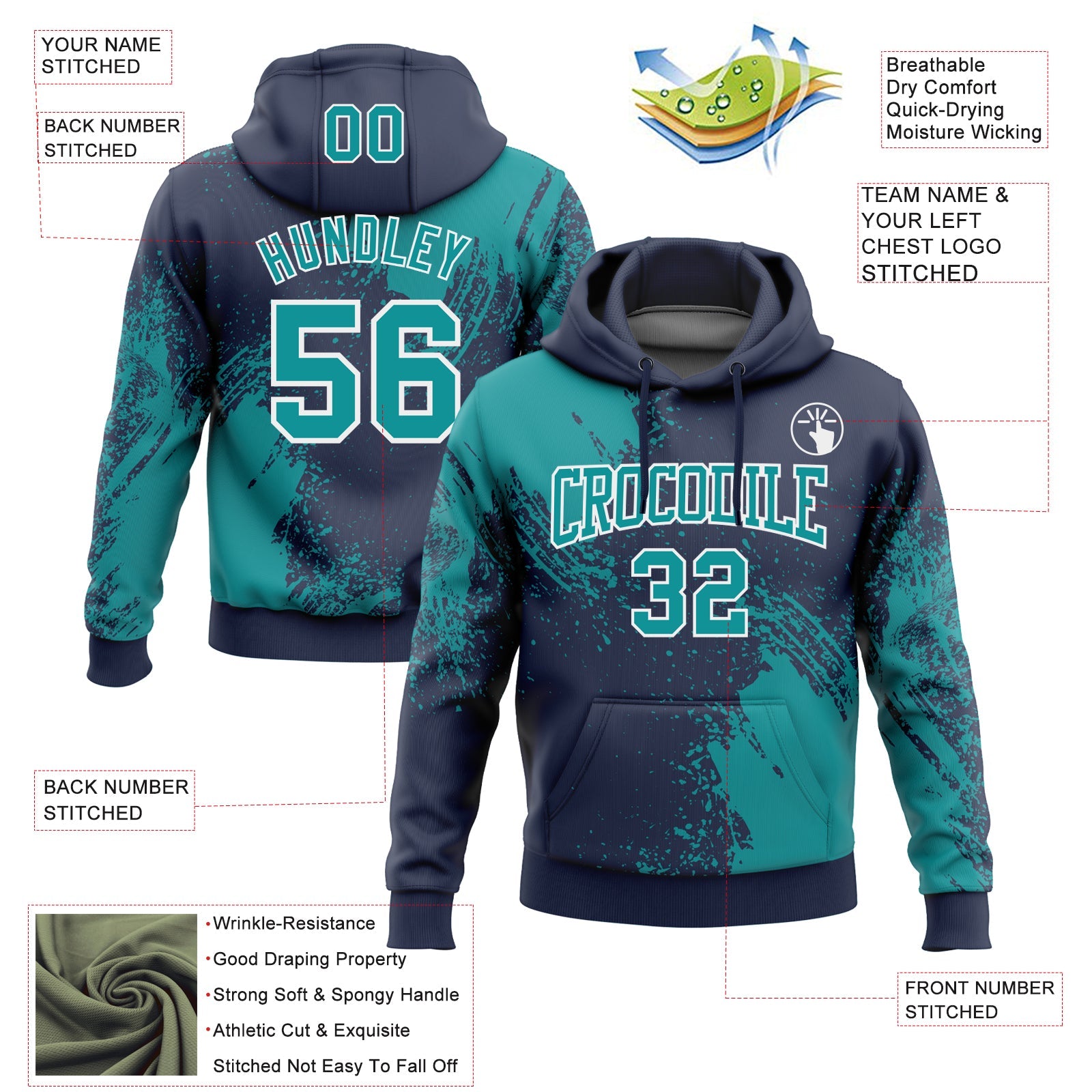 Custom Stitched Navy Teal-White 3D Pattern Design Abstract Brush Stroke Sports Pullover Sweatshirt Hoodie view 2