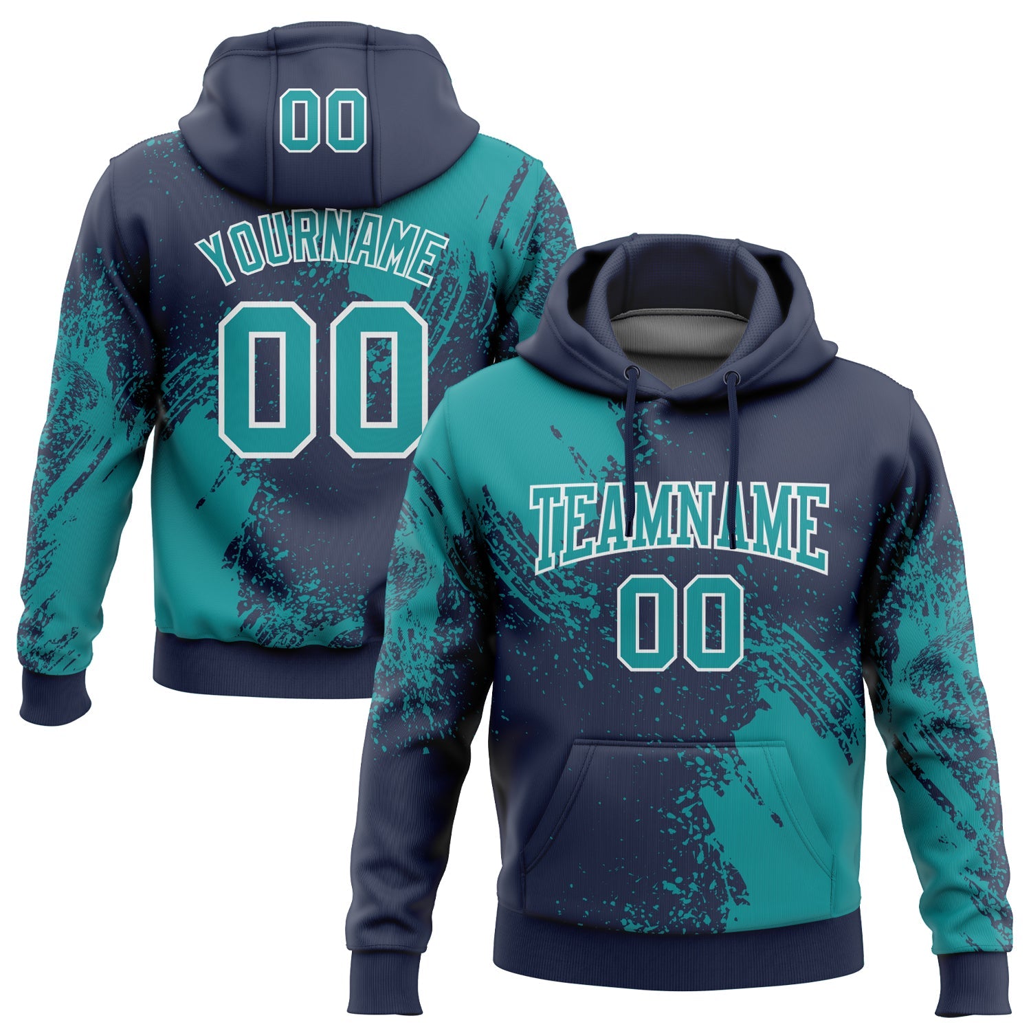 Custom Stitched Navy Teal-White 3D Pattern Design Abstract Brush Stroke Sports Pullover Sweatshirt Hoodie - Main View