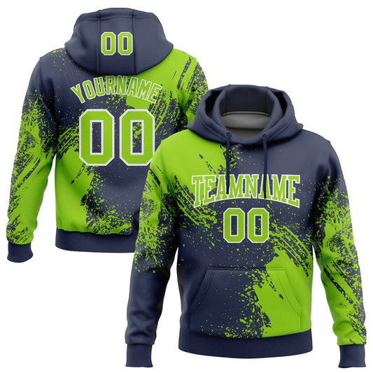 Custom Stitched Navy Neon Green-White 3D Pattern Design Abstract Brush Stroke Sports Pullover Sweatshirt Hoodie - Main View