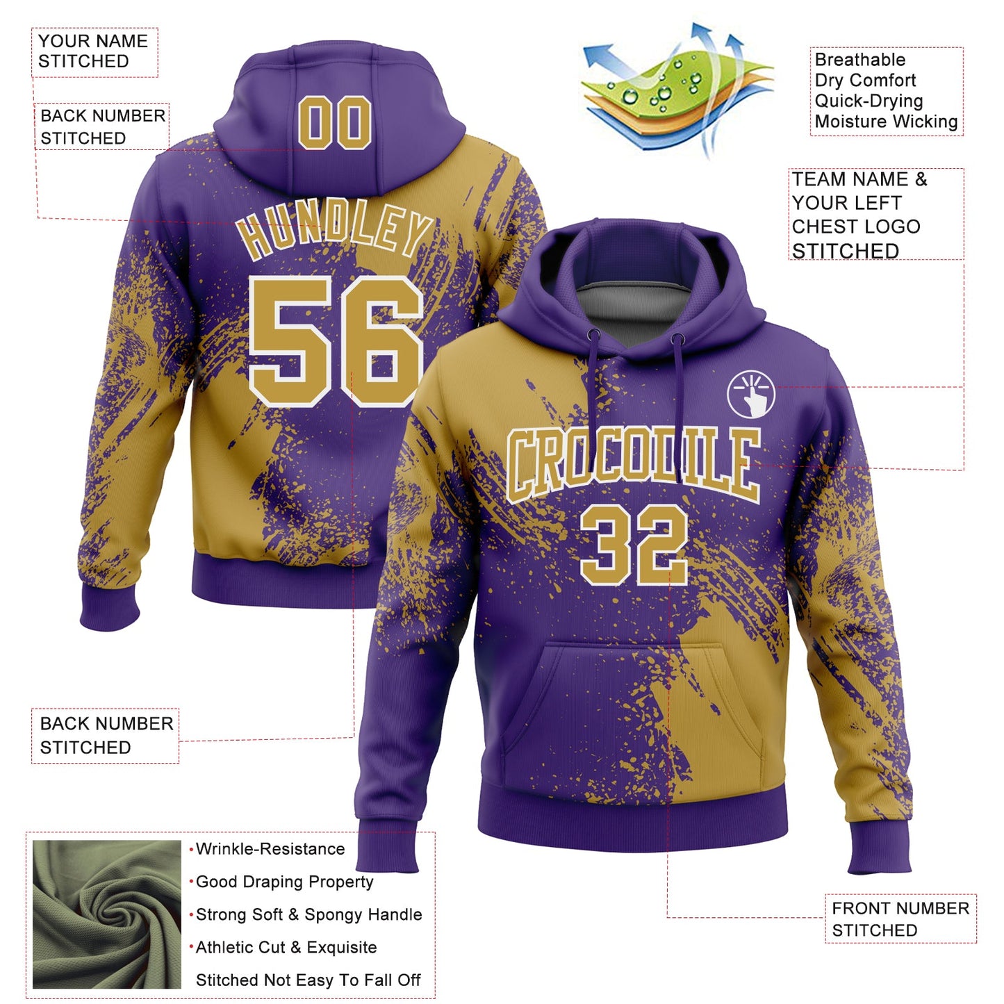 Custom Stitched Purple Old Gold-White 3D Pattern Design Abstract Brush Stroke Sports Pullover Sweatshirt Hoodie view 2