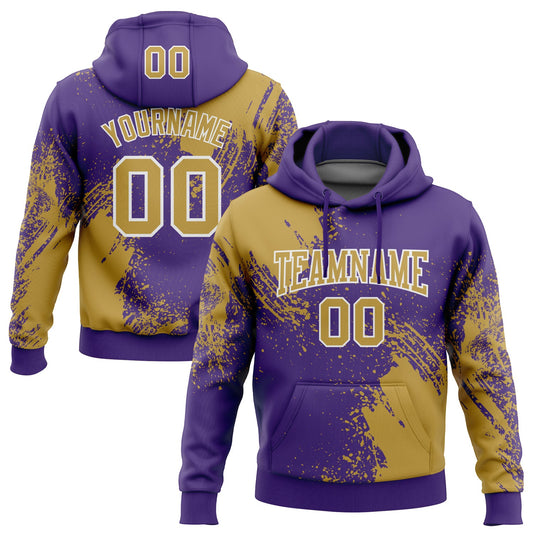 Custom Stitched Purple Old Gold-White 3D Pattern Design Abstract Brush Stroke Sports Pullover Sweatshirt Hoodie - Main View