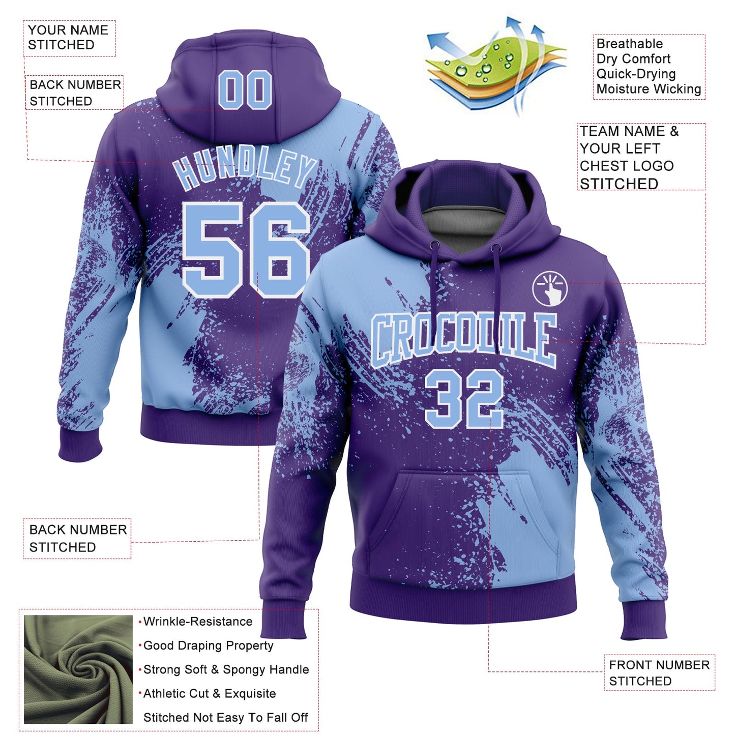Custom Stitched Purple Light Blue-White 3D Pattern Design Abstract Brush Stroke Sports Pullover Sweatshirt Hoodie view 2