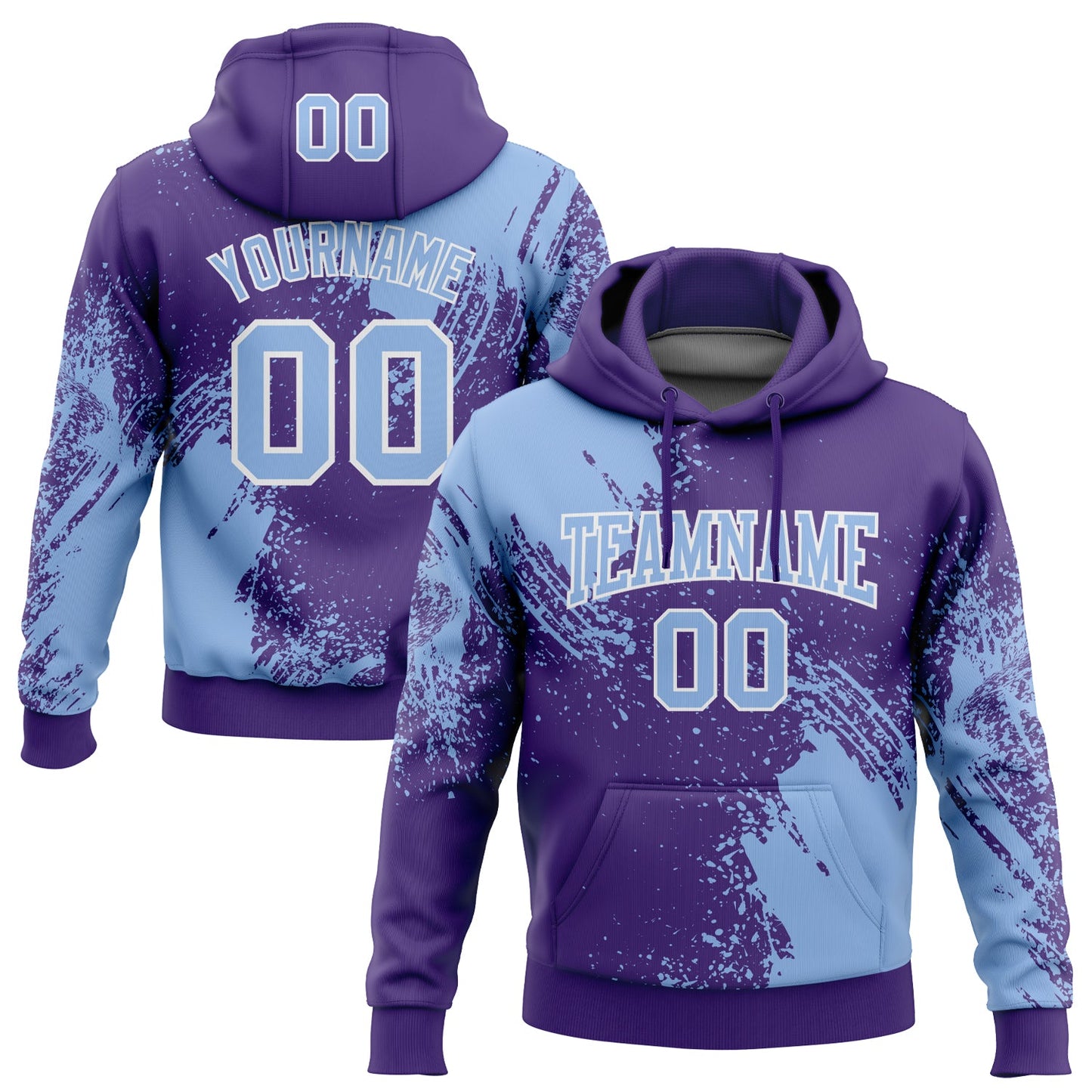 Custom Stitched Purple Light Blue-White 3D Pattern Design Abstract Brush Stroke Sports Pullover Sweatshirt Hoodie - Main View
