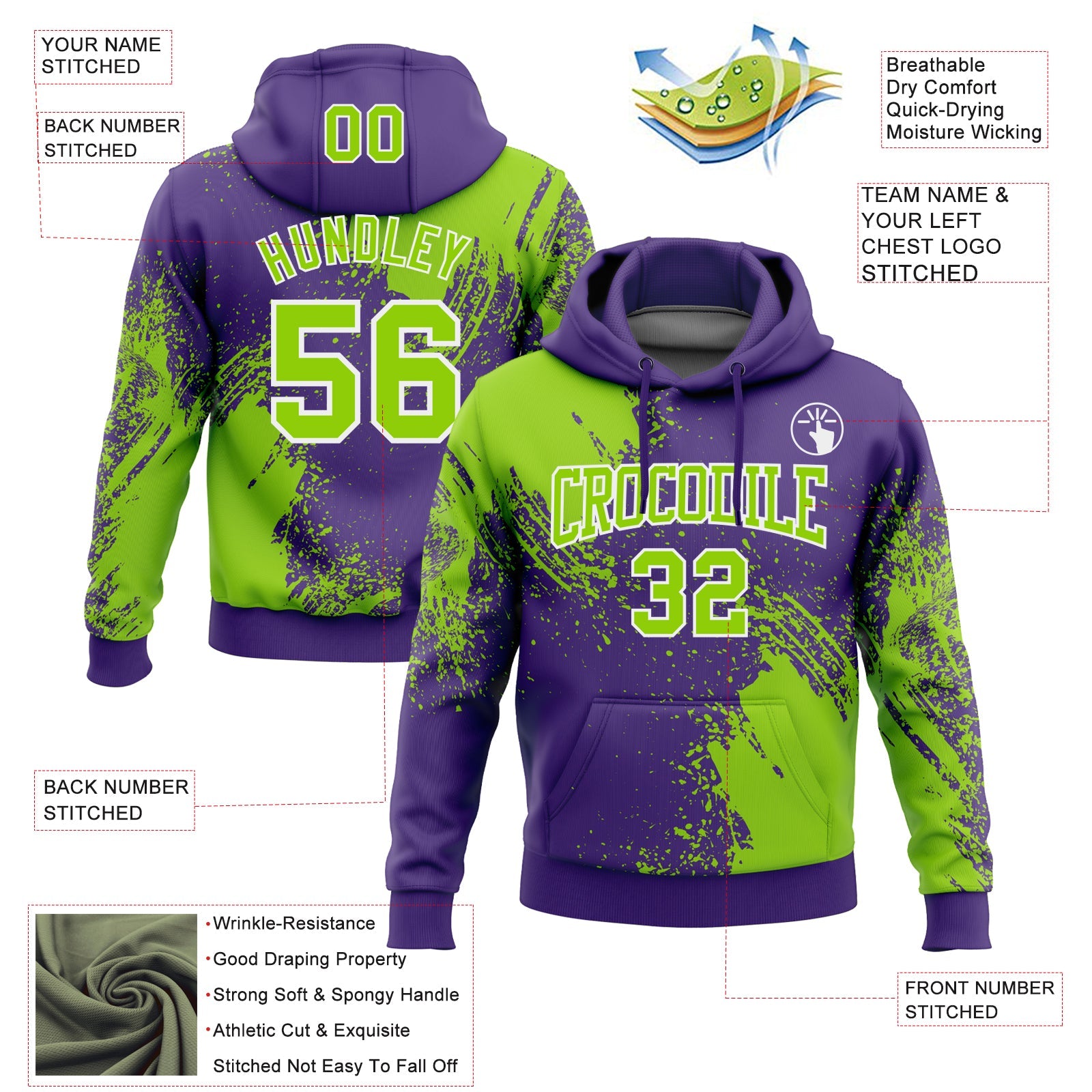 Custom Stitched Purple Neon Green-White 3D Pattern Design Abstract Brush Stroke Sports Pullover Sweatshirt Hoodie view 2
