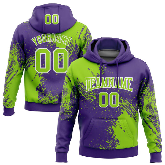 Custom Stitched Purple Neon Green-White 3D Pattern Design Abstract Brush Stroke Sports Pullover Sweatshirt Hoodie - Main View
