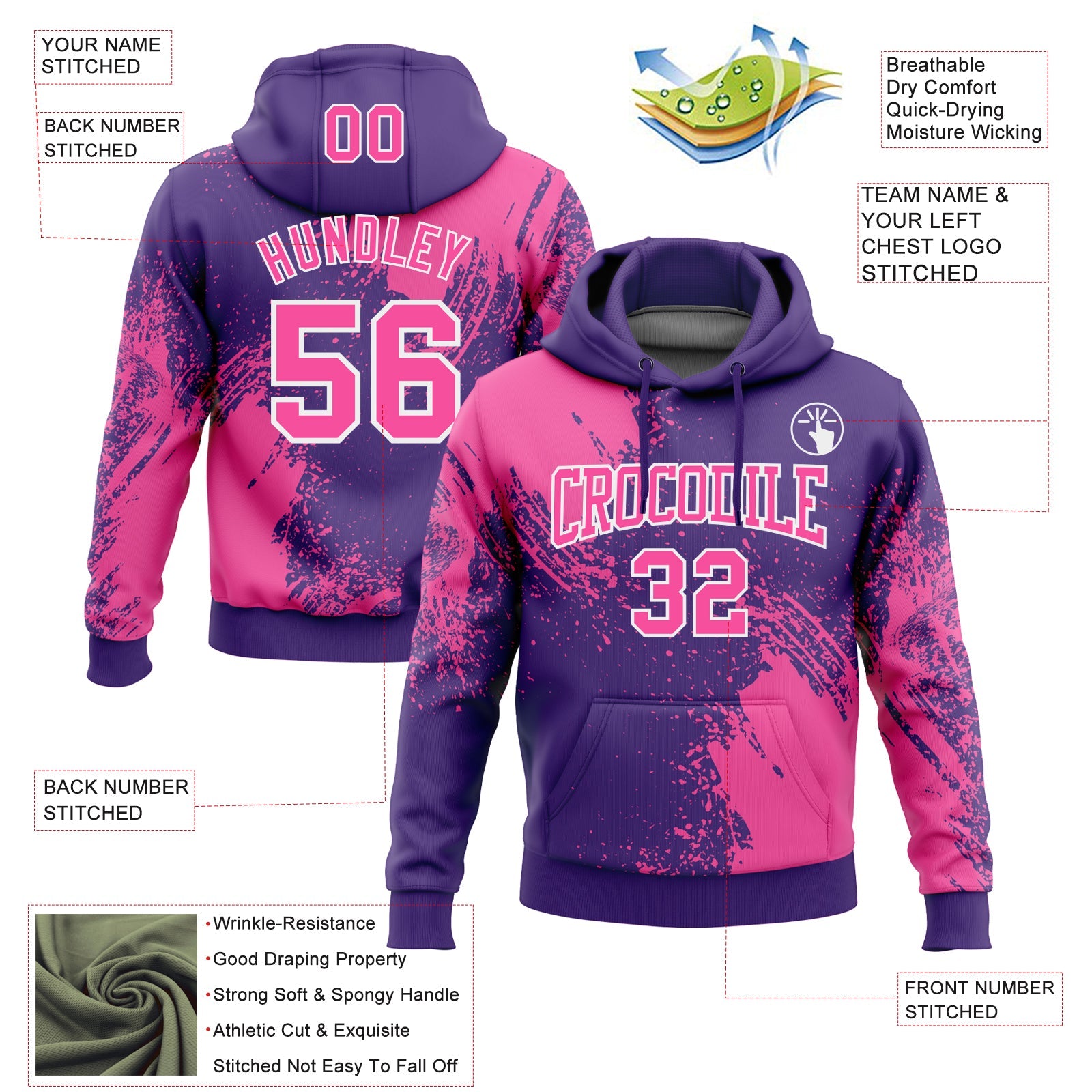 Custom Stitched Purple Pink-White 3D Pattern Design Abstract Brush Stroke Sports Pullover Sweatshirt Hoodie view 2