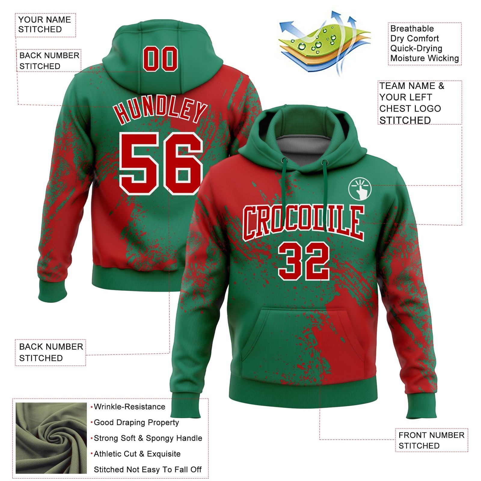 Custom Stitched Kelly Green Red-White 3D Pattern Design Abstract Brush Stroke Sports Pullover Sweatshirt Hoodie view 2