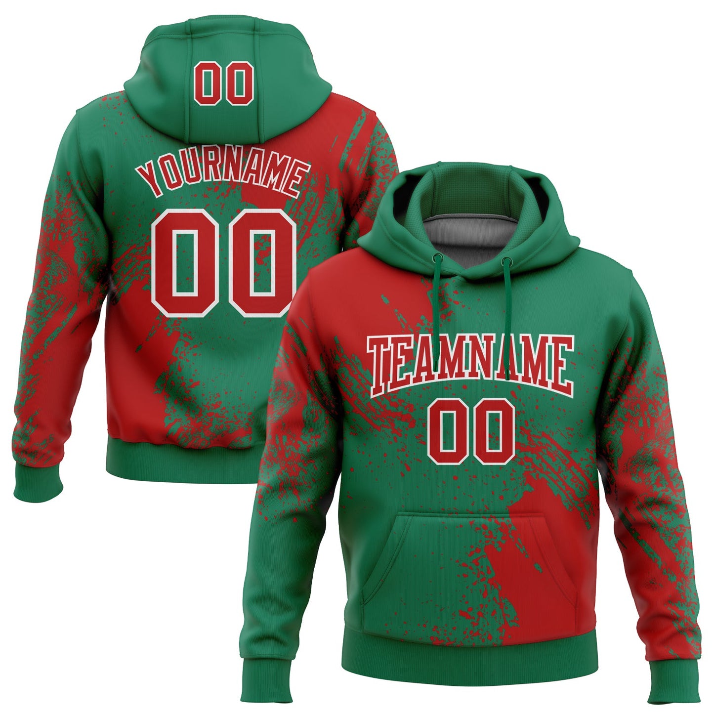 Custom Stitched Kelly Green Red-White 3D Pattern Design Abstract Brush Stroke Sports Pullover Sweatshirt Hoodie - Main View