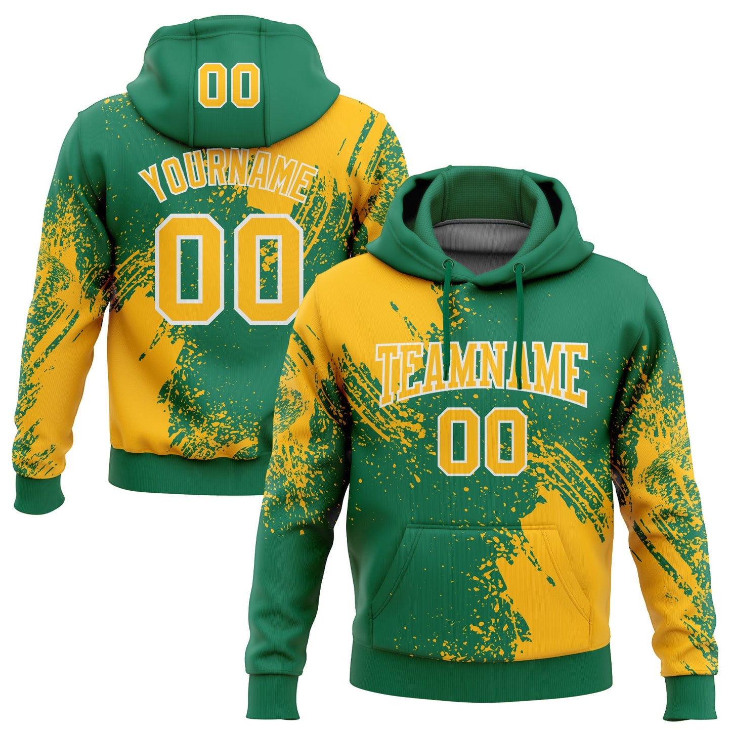 Custom Stitched Kelly Green Gold-White 3D Pattern Design Abstract Brush Stroke Sports Pullover Sweatshirt Hoodie - Main View