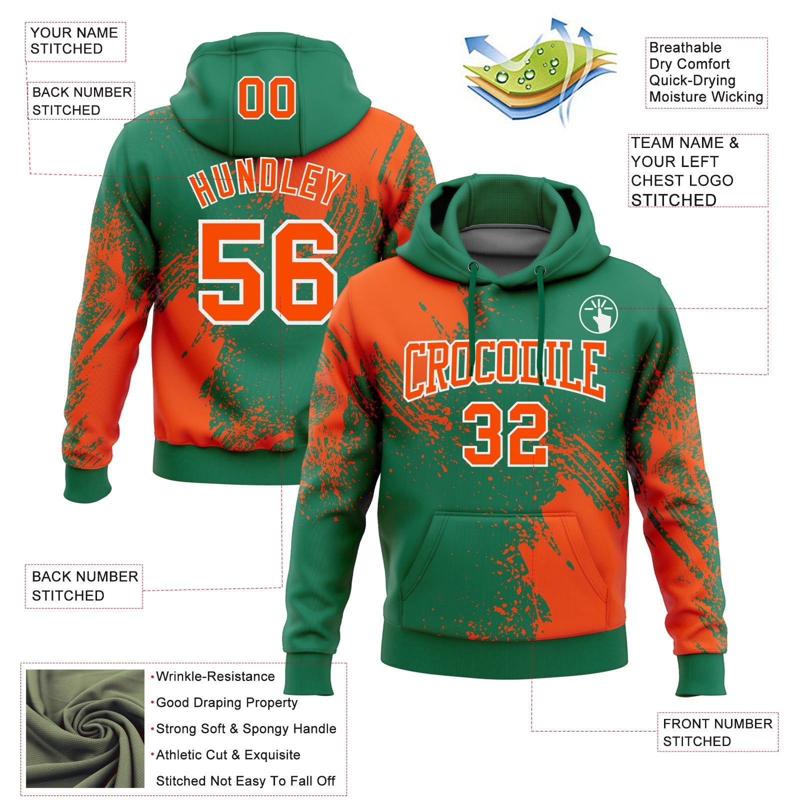Custom Stitched Kelly Green Orange-White 3D Pattern Design Abstract Brush Stroke Sports Pullover Sweatshirt Hoodie view 3