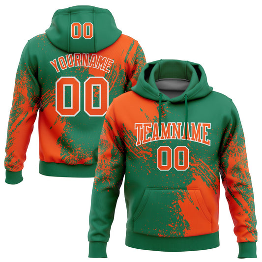 Custom Stitched Kelly Green Orange-White 3D Pattern Design Abstract Brush Stroke Sports Pullover Sweatshirt Hoodie - Main View