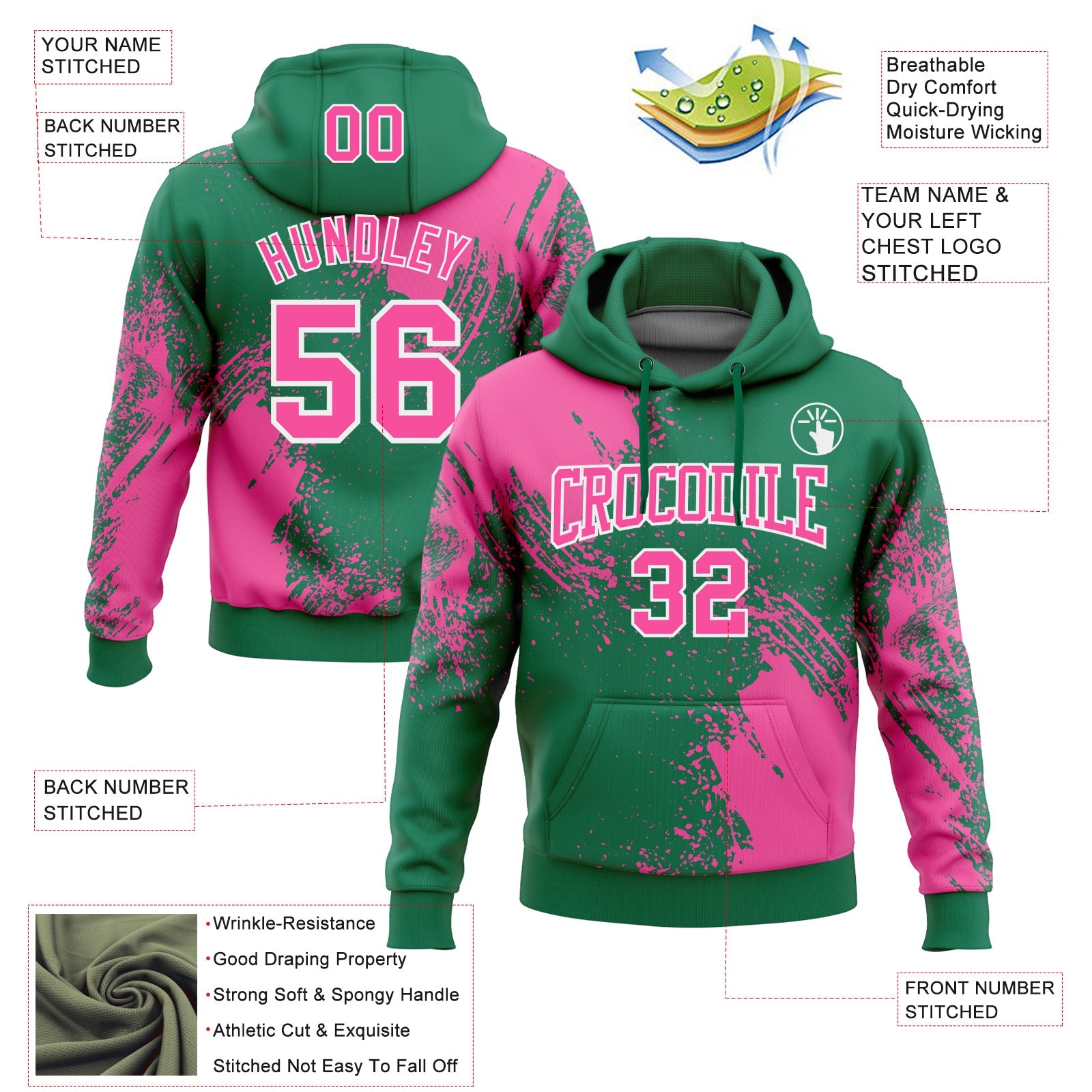 Custom Stitched Kelly Green Pink-White 3D Pattern Design Abstract Brush Stroke Sports Pullover Sweatshirt Hoodie view 2