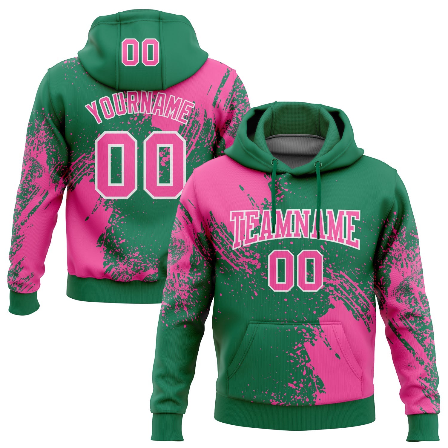 Custom Stitched Kelly Green Pink-White 3D Pattern Design Abstract Brush Stroke Sports Pullover Sweatshirt Hoodie - Main View
