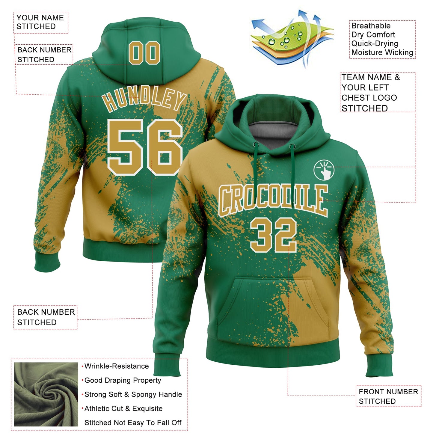 Custom Stitched Kelly Green Old Gold-White 3D Pattern Design Abstract Brush Stroke Sports Pullover Sweatshirt Hoodie view 2
