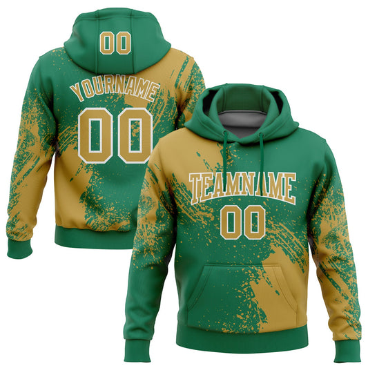 Custom Stitched Kelly Green Old Gold-White 3D Pattern Design Abstract Brush Stroke Sports Pullover Sweatshirt Hoodie - Main View