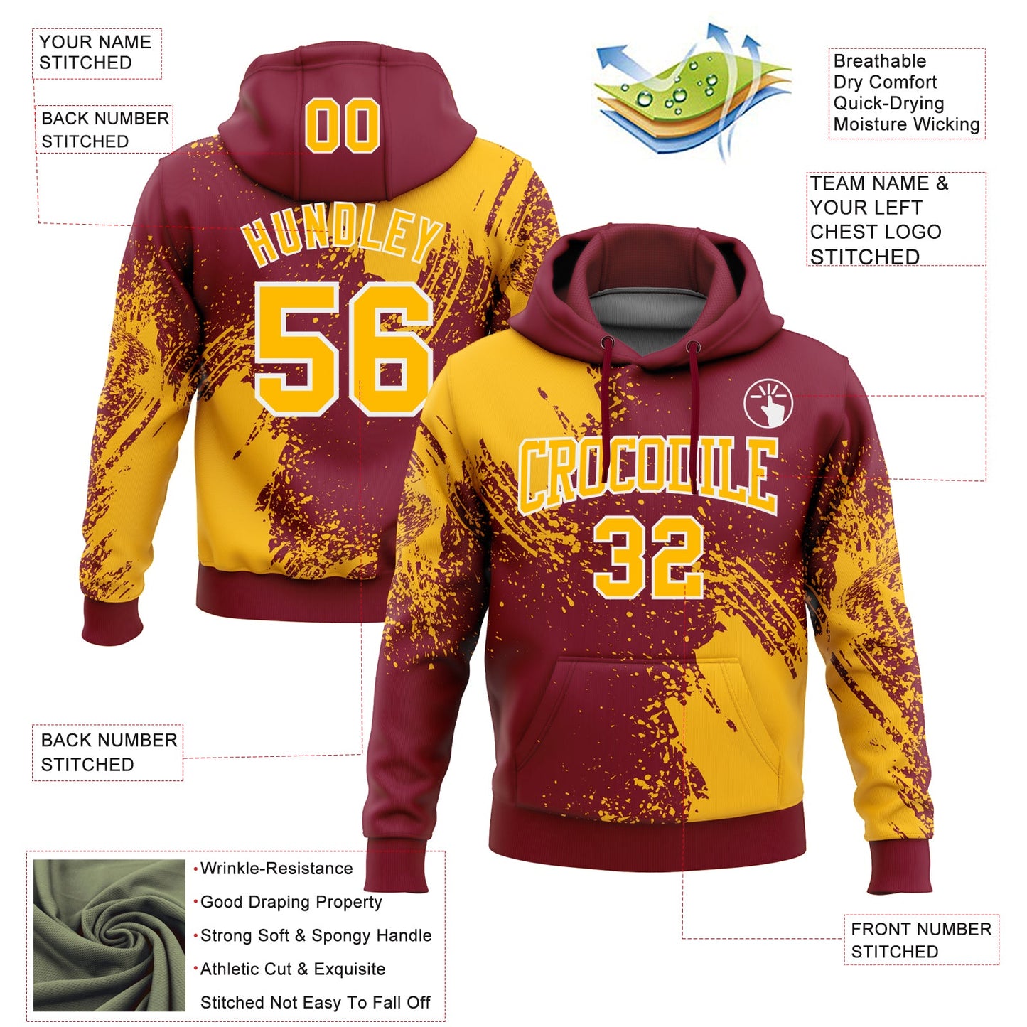 Custom Stitched Crimson Gold-White 3D Pattern Design Abstract Brush Stroke Sports Pullover Sweatshirt Hoodie view 2