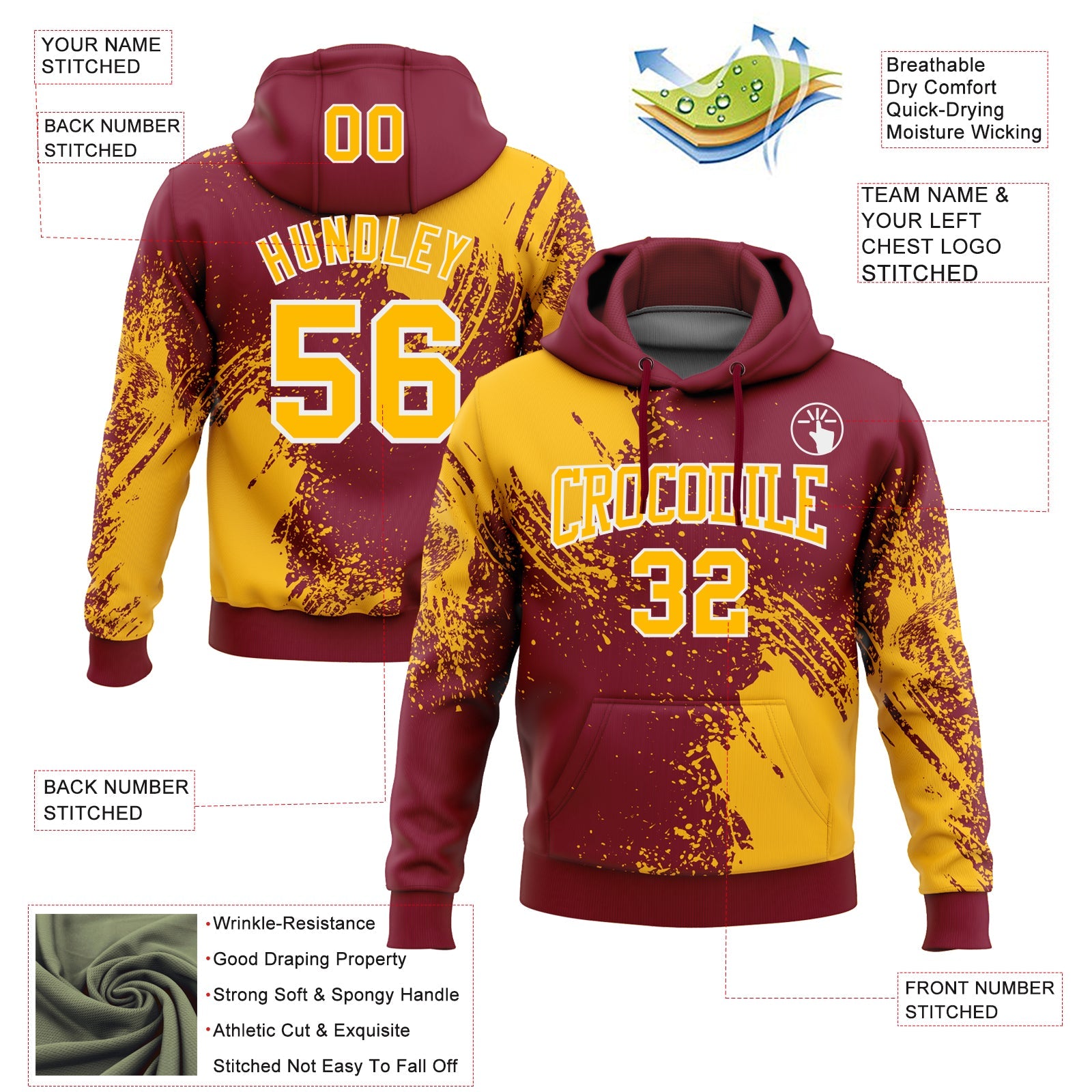 Custom Stitched Crimson Gold-White 3D Pattern Design Abstract Brush Stroke Sports Pullover Sweatshirt Hoodie view 2