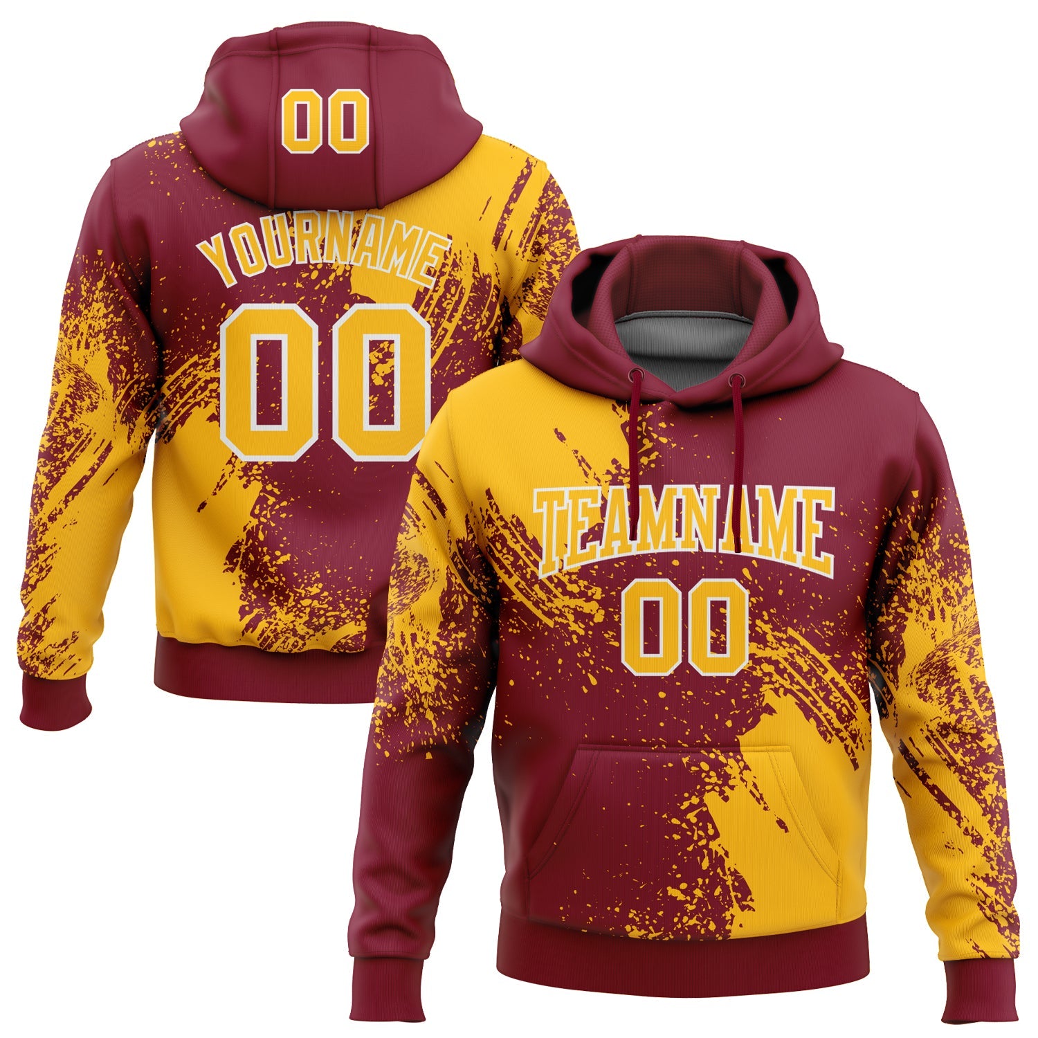 Custom Stitched Crimson Gold-White 3D Pattern Design Abstract Brush Stroke Sports Pullover Sweatshirt Hoodie - Main View