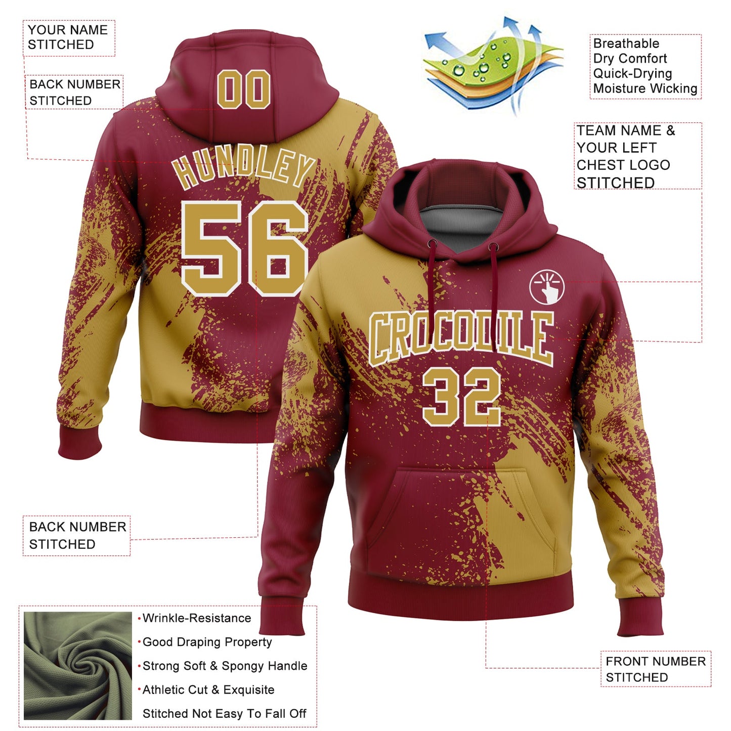 Custom Stitched Crimson Old Gold-White 3D Pattern Design Abstract Brush Stroke Sports Pullover Sweatshirt Hoodie view 2