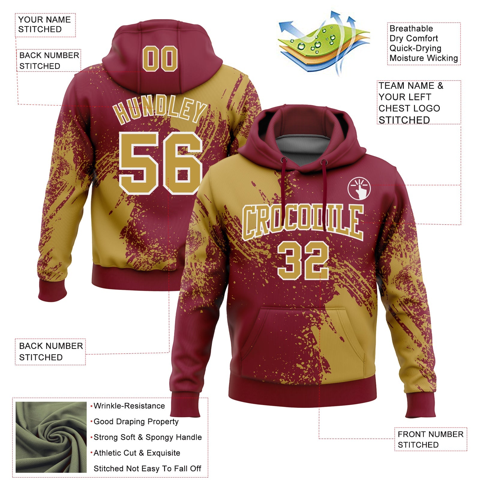 Custom Stitched Crimson Old Gold-White 3D Pattern Design Abstract Brush Stroke Sports Pullover Sweatshirt Hoodie view 2
