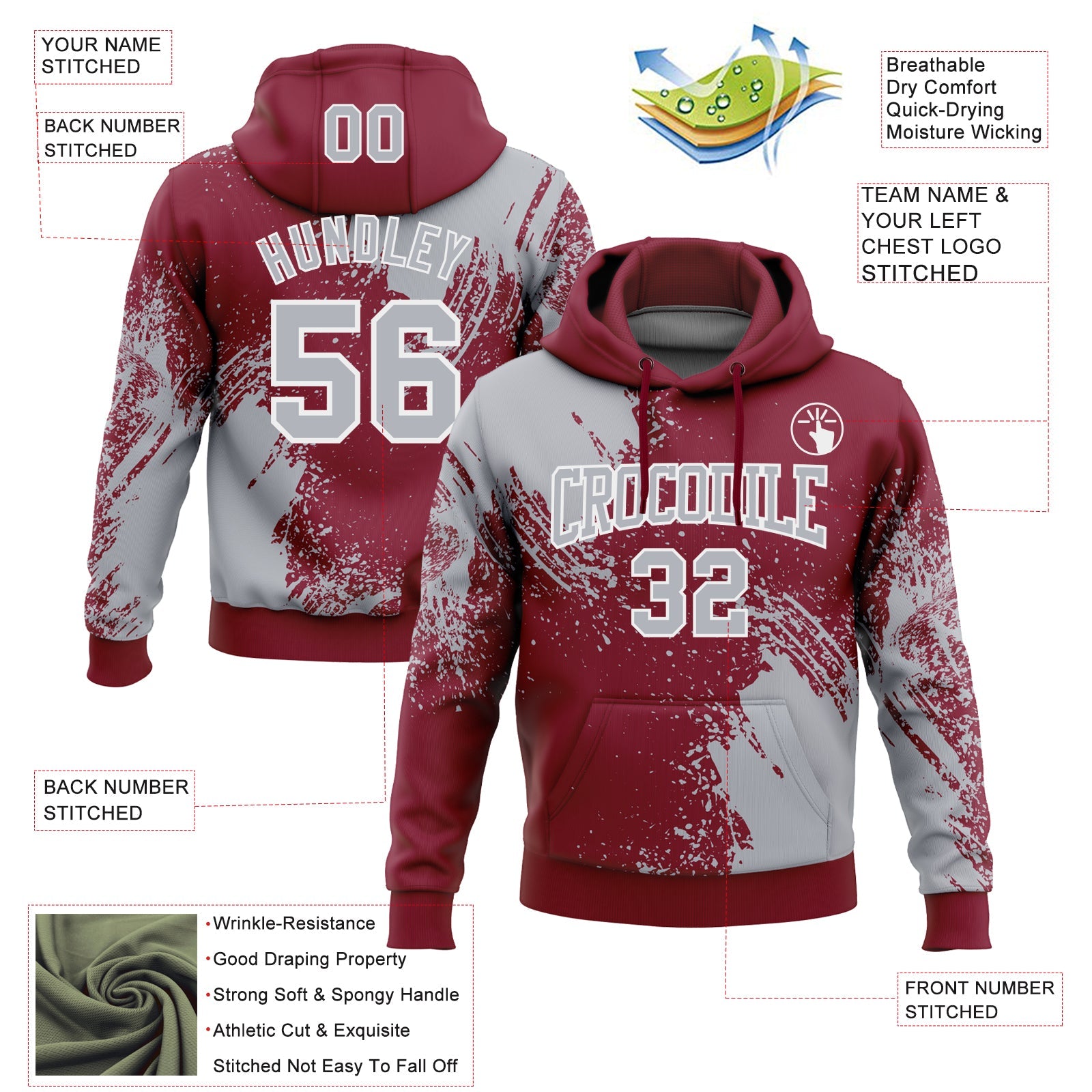 Custom Stitched Crimson Gray-White 3D Pattern Design Abstract Brush Stroke Sports Pullover Sweatshirt Hoodie view 2