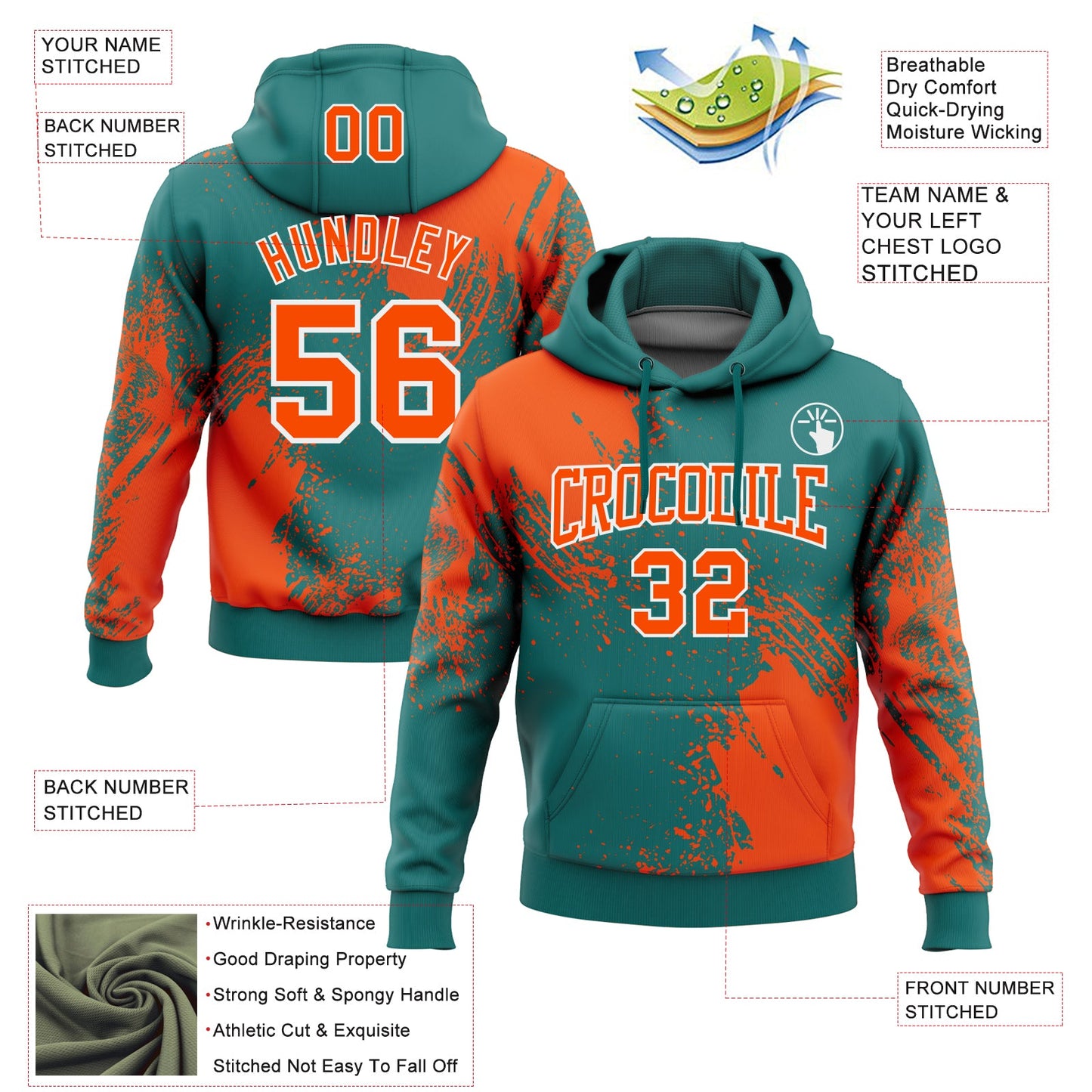 Custom Stitched Teal Orange-White 3D Pattern Design Abstract Brush Stroke Sports Pullover Sweatshirt Hoodie view 2