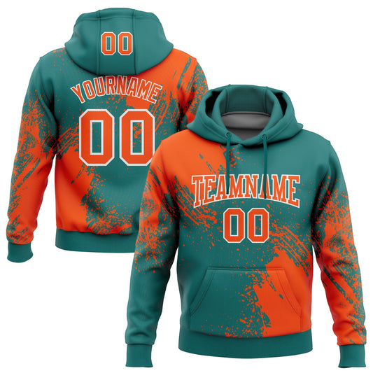 Custom Stitched Teal Orange-White 3D Pattern Design Abstract Brush Stroke Sports Pullover Sweatshirt Hoodie - Main View