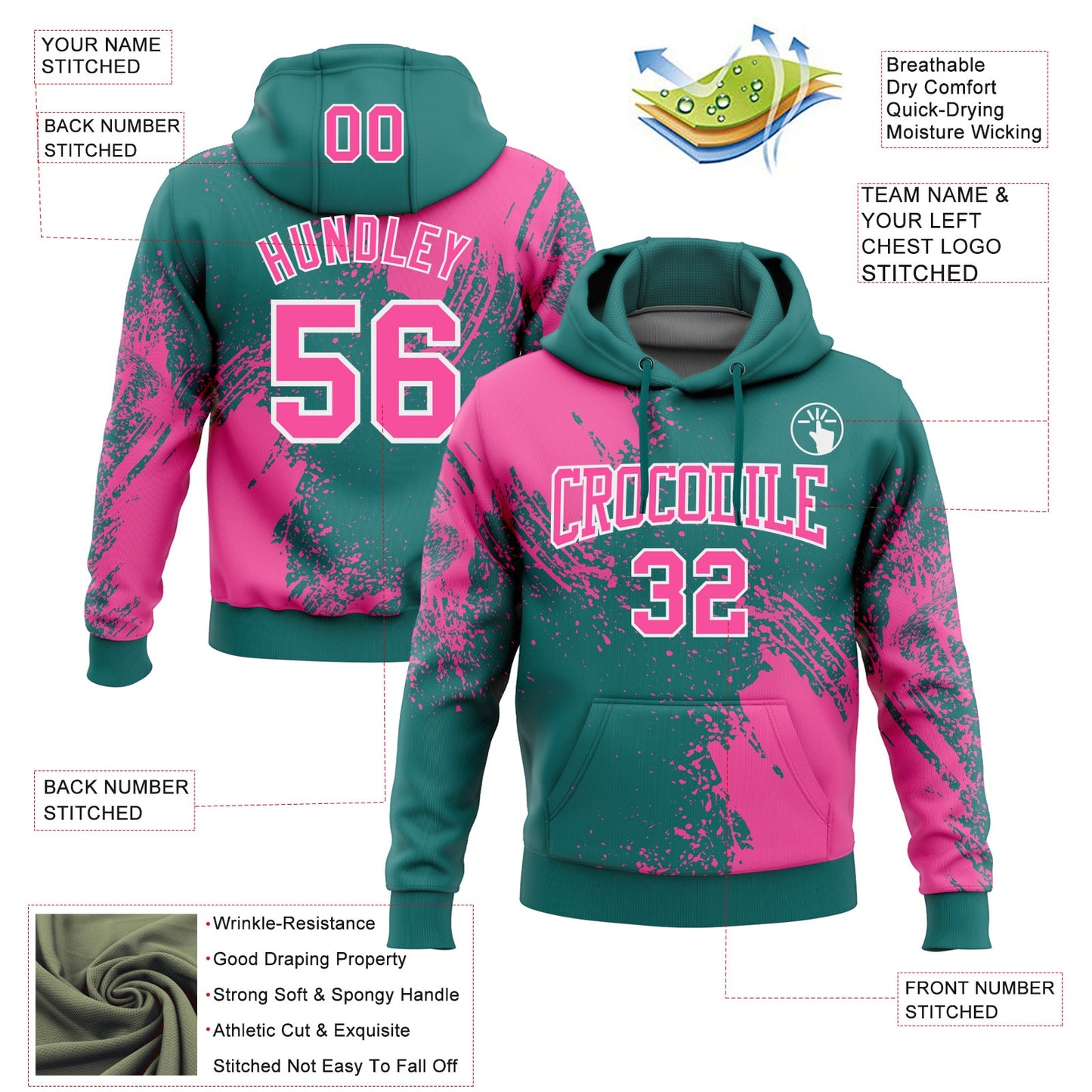 Custom Stitched Teal Pink-White 3D Pattern Design Abstract Brush Stroke Sports Pullover Sweatshirt Hoodie view 2
