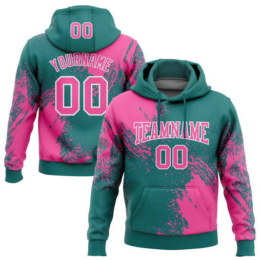Custom Stitched Teal Pink-White 3D Pattern Design Abstract Brush Stroke Sports Pullover Sweatshirt Hoodie - Main View
