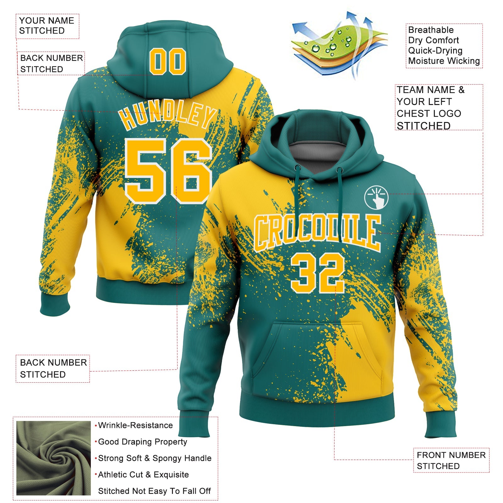 Custom Stitched Teal Yellow-White 3D Pattern Design Abstract Brush Stroke Sports Pullover Sweatshirt Hoodie view 2