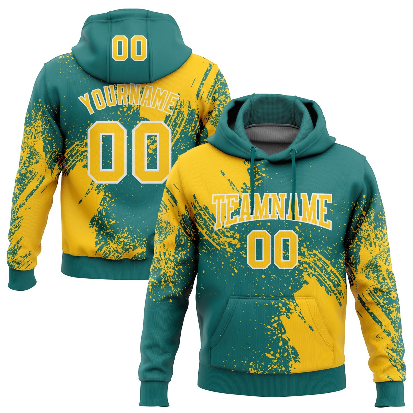 Custom Stitched Teal Yellow-White 3D Pattern Design Abstract Brush Stroke Sports Pullover Sweatshirt Hoodie - Main View