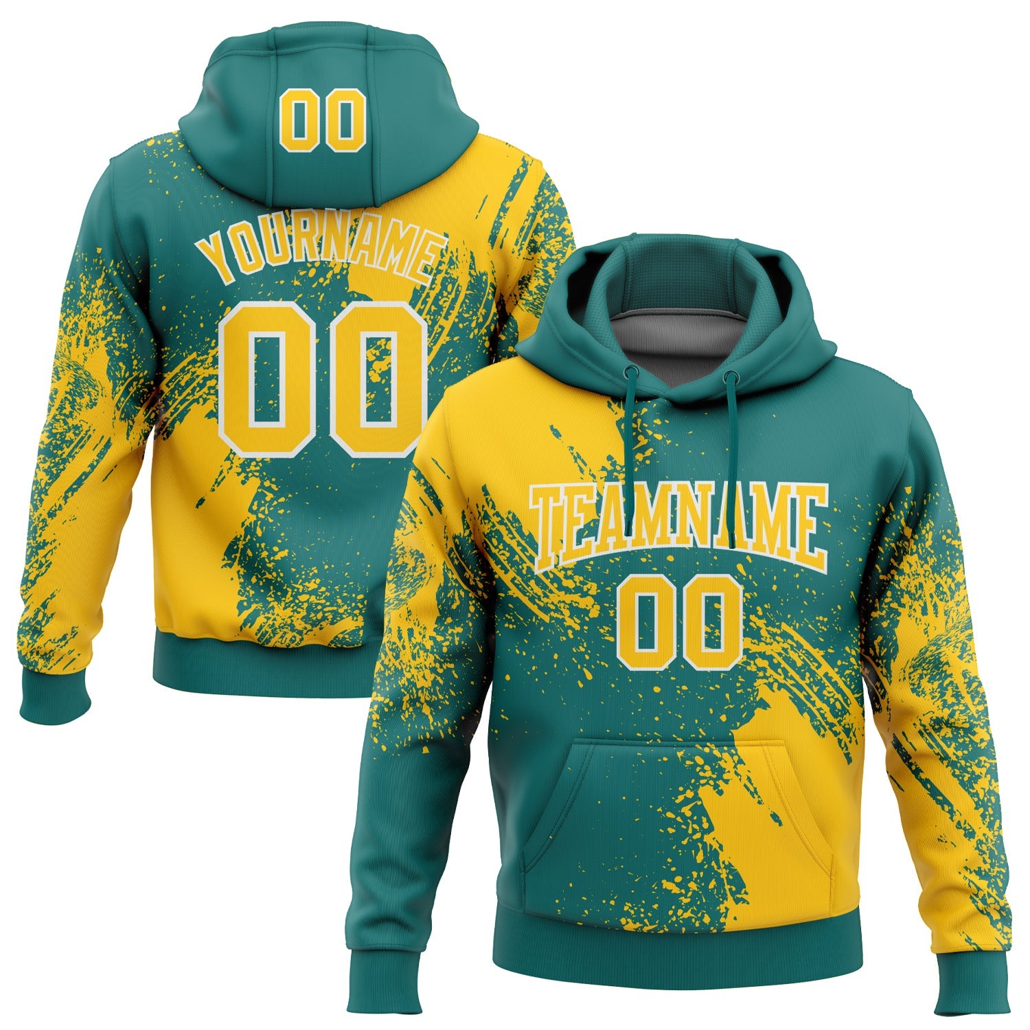 Custom Stitched Teal Yellow-White 3D Pattern Design Abstract Brush Stroke Sports Pullover Sweatshirt Hoodie - Main View