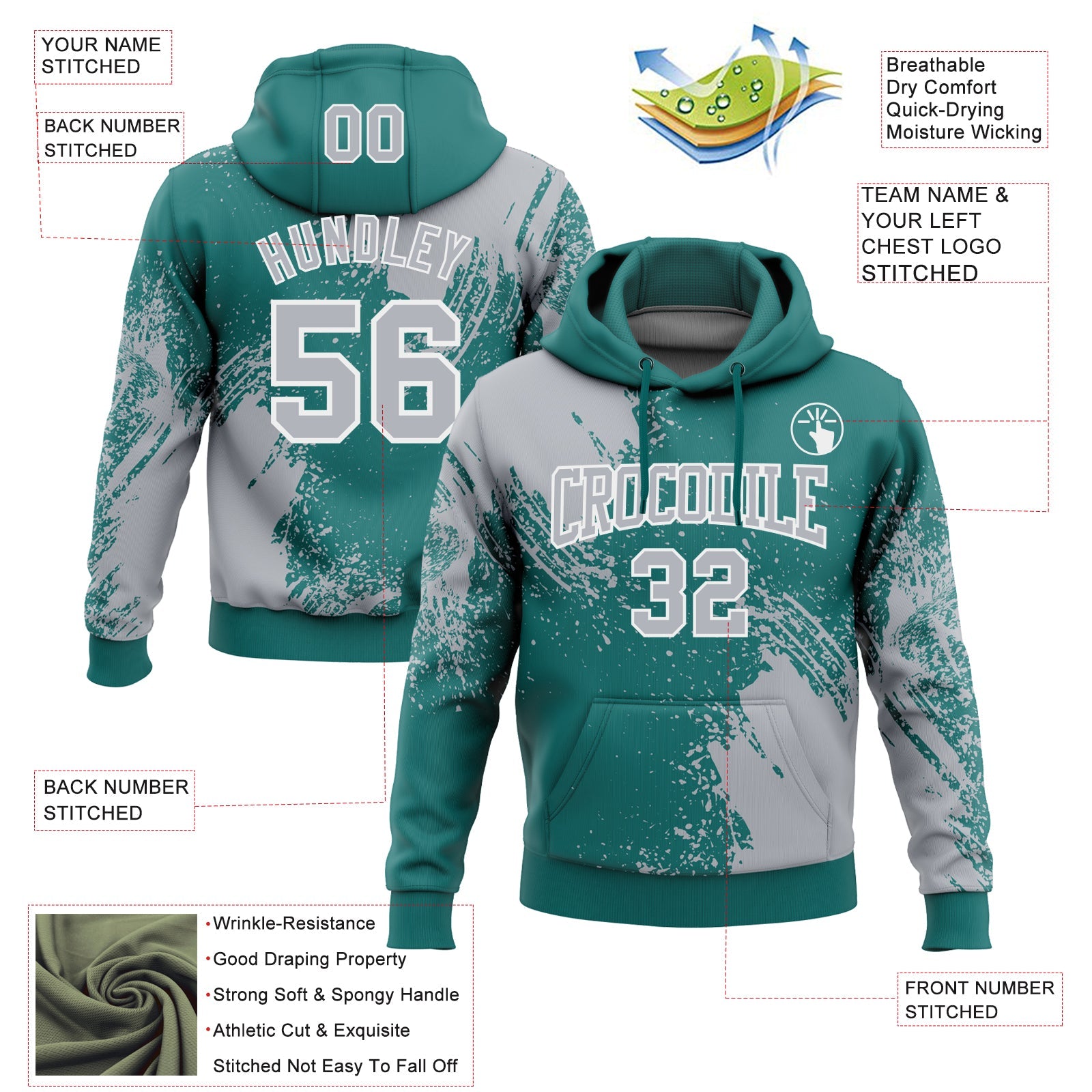 Custom Stitched Teal Gray-White 3D Pattern Design Abstract Brush Stroke Sports Pullover Sweatshirt Hoodie view 2