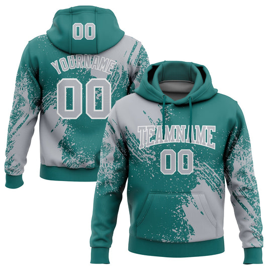 Custom Stitched Teal Gray-White 3D Pattern Design Abstract Brush Stroke Sports Pullover Sweatshirt Hoodie - Main View