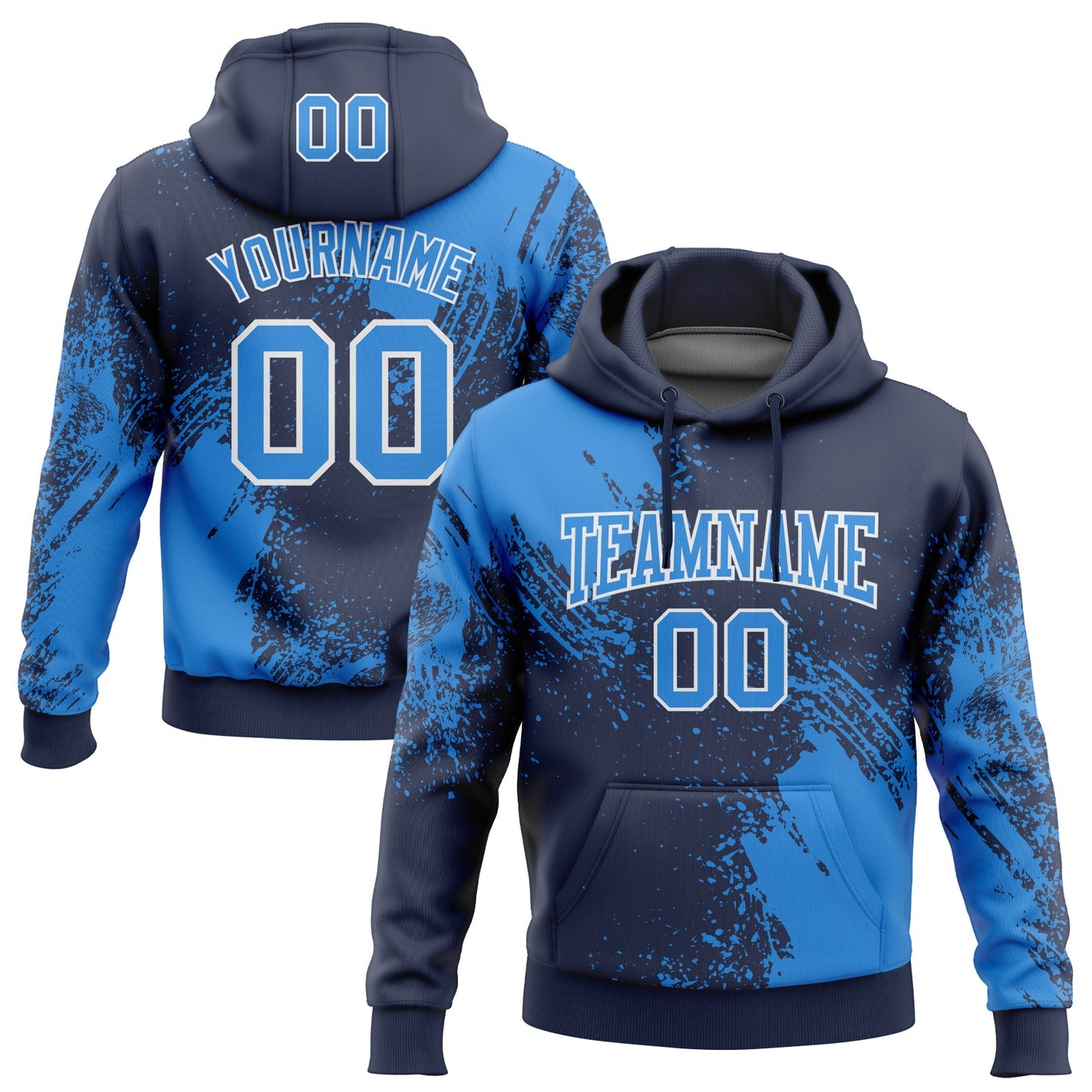Custom Stitched Navy Powder Blue-White 3D Pattern Design Abstract Brush Stroke Sports Pullover Sweatshirt Hoodie - Main View
