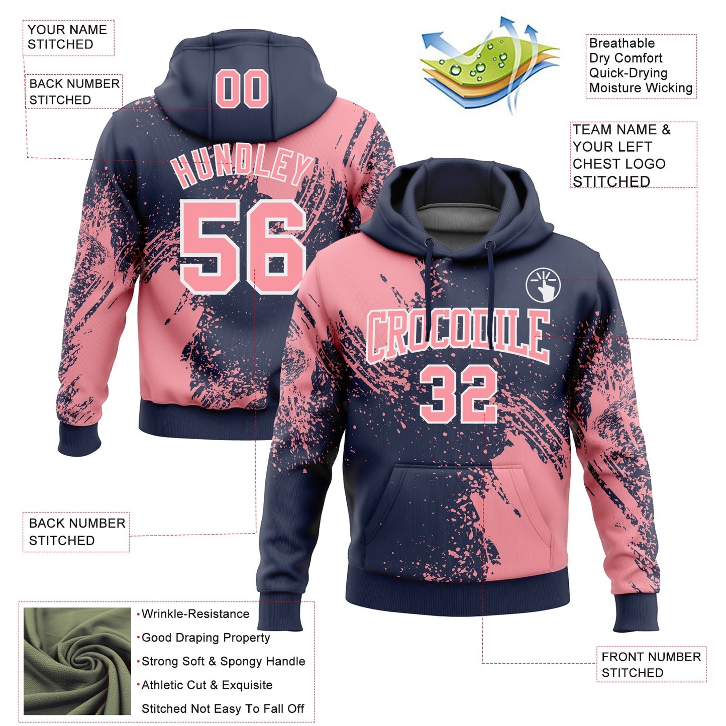 Custom Stitched Navy Medium Pink-White 3D Pattern Design Abstract Brush Stroke Sports Pullover Sweatshirt Hoodie view 2